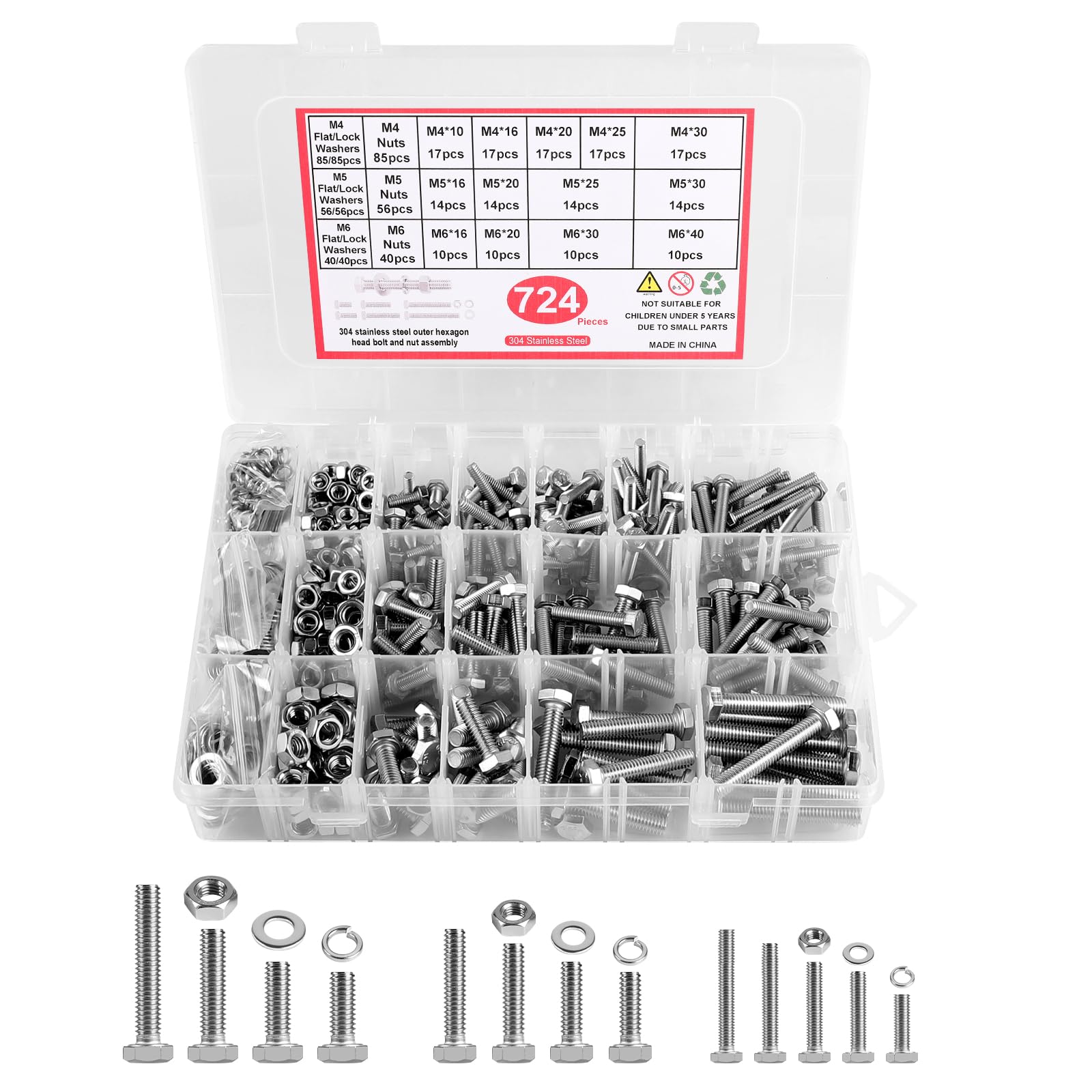 LALAGO 724 Pcs M4 M5 M6 Juego de Tornillos y Tuercas Acero Inoxidable 304, Tornillo Cabeza Hexagonal, Hexágono Externo Pernos Tornillo, Hexagonal Pernos y Tuercas Arandelas