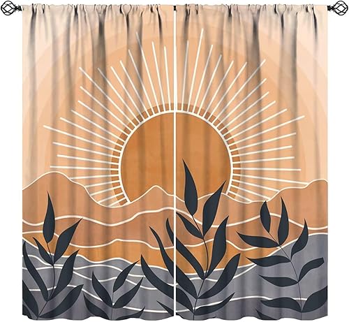 Miniatura 25 de Cortinas Retro de Atardecer, Bohemio de Mediados de Siglo Moderno Abstracto Amanecer Japonés Azul Ola del Océano Opacas Tratamientos de Ventana para