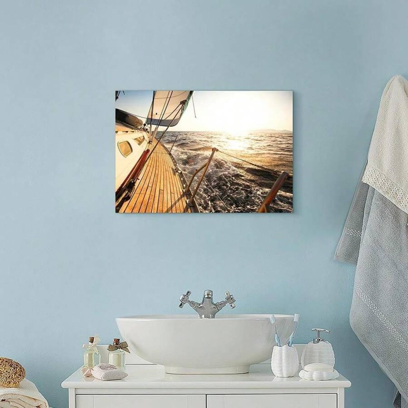 XBTYKPB Sailboat Poster Canvas Painting Mural Coast Picture: Sunset Wall Decor Sailing Boat Artwork Nautical Ocean Print Canvas 50x70cm Withframe