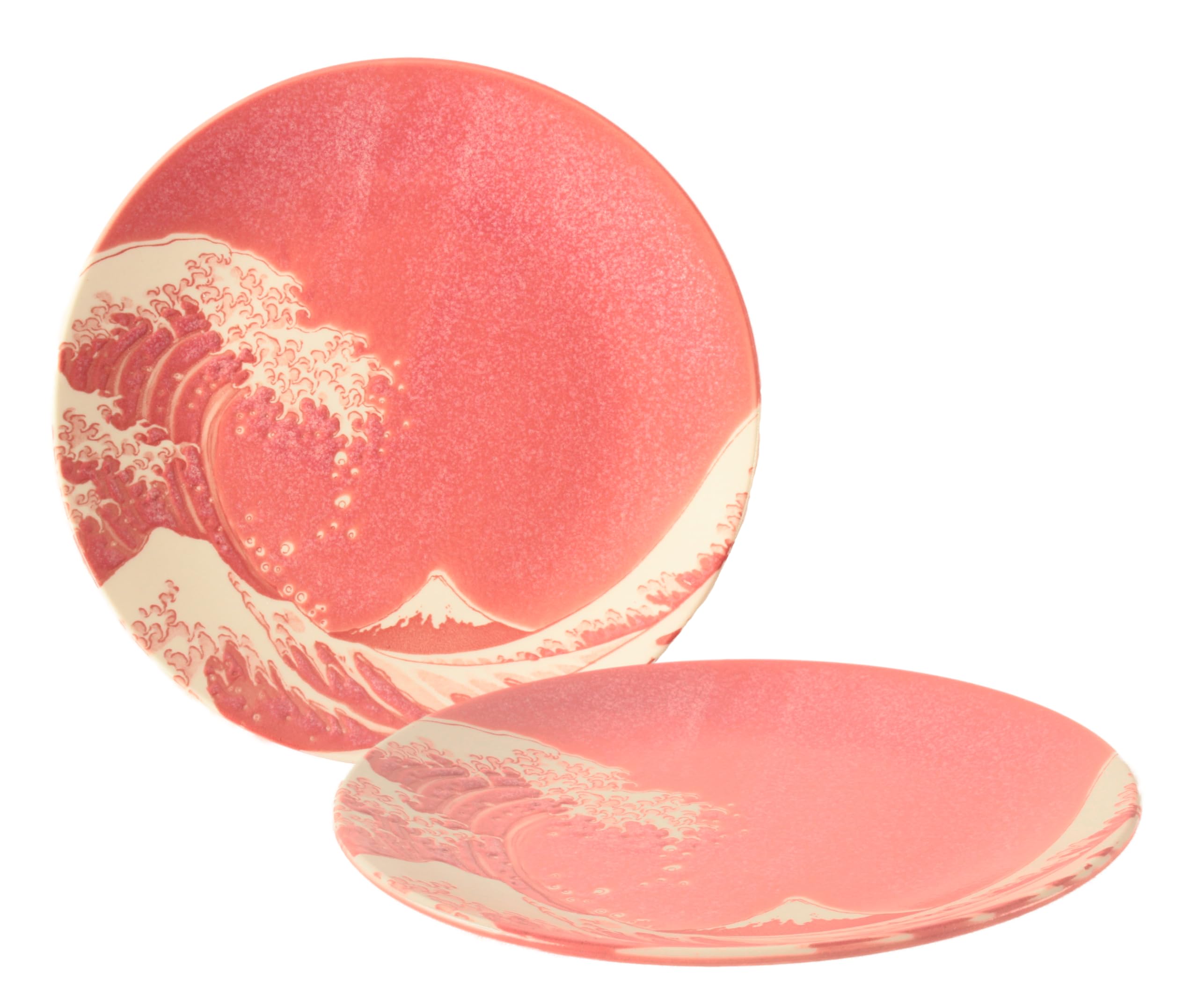 Mino ware Japanese Ceramics Pair Round Plate 7.9inch Big Wave & Mt. Fuji Navy Blue (set of two) made in Japan (Japan Import) AKS202 (Red)