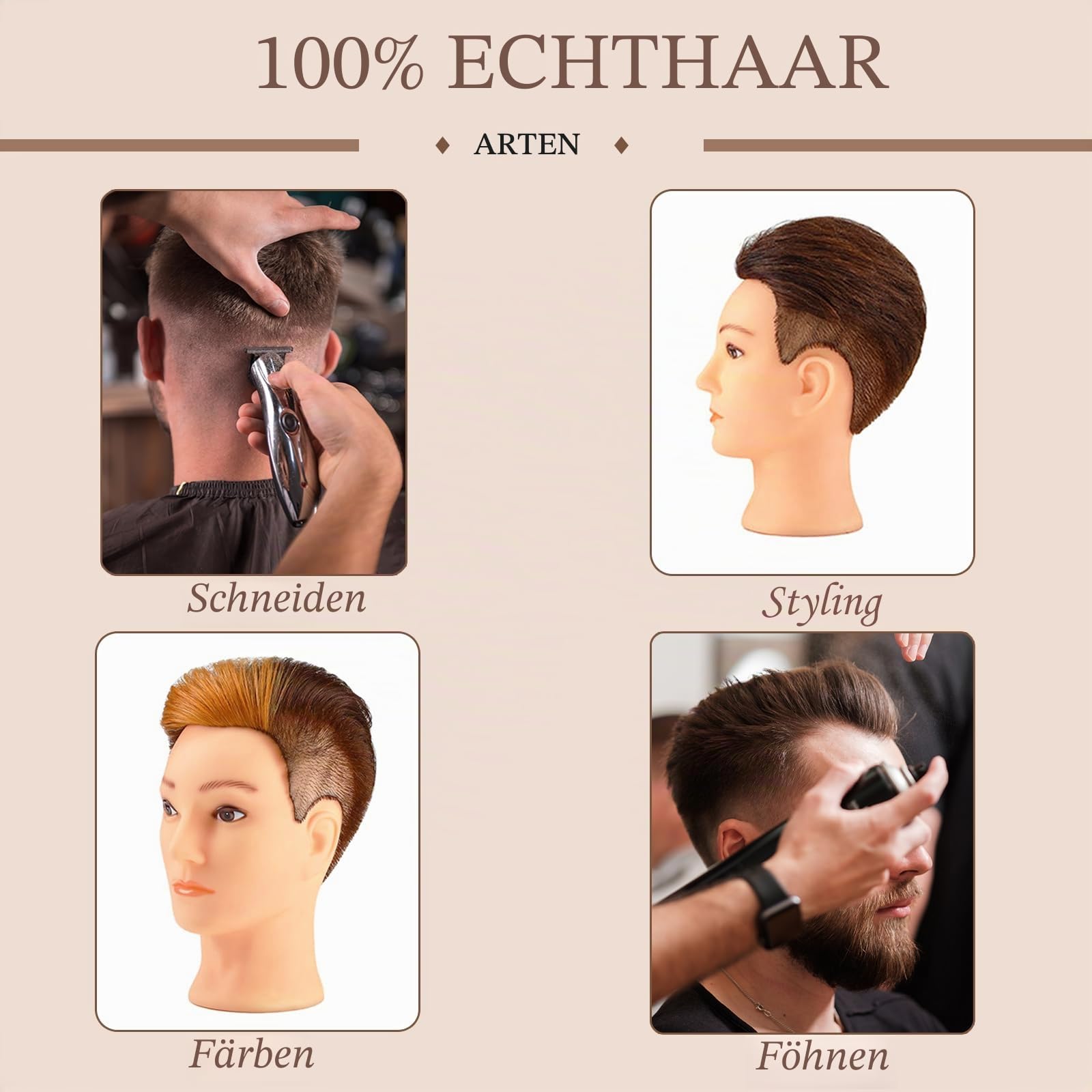 Mann Frisierkopf 100% Echthaar, Frisurenkopf Männlicher Haarschnitt Übungskopf mit Braun Haar, Friseur Kopf Mannequin Head Puppenkopf mit Tischklemme (35 cm)