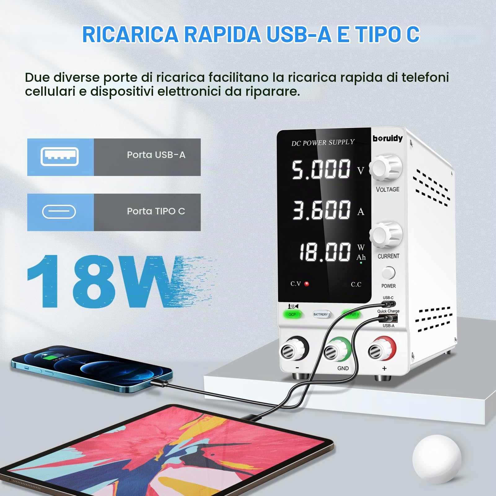 Alimentatore da Labotorio 30V 10A Encoder Alimentatore DC Regolabile 1V~24V Batterie Caricabatterie con 18W USB-A/C Carica Rapida Porto/Output Pulsanti Alimentatore Banco Stabilizzato