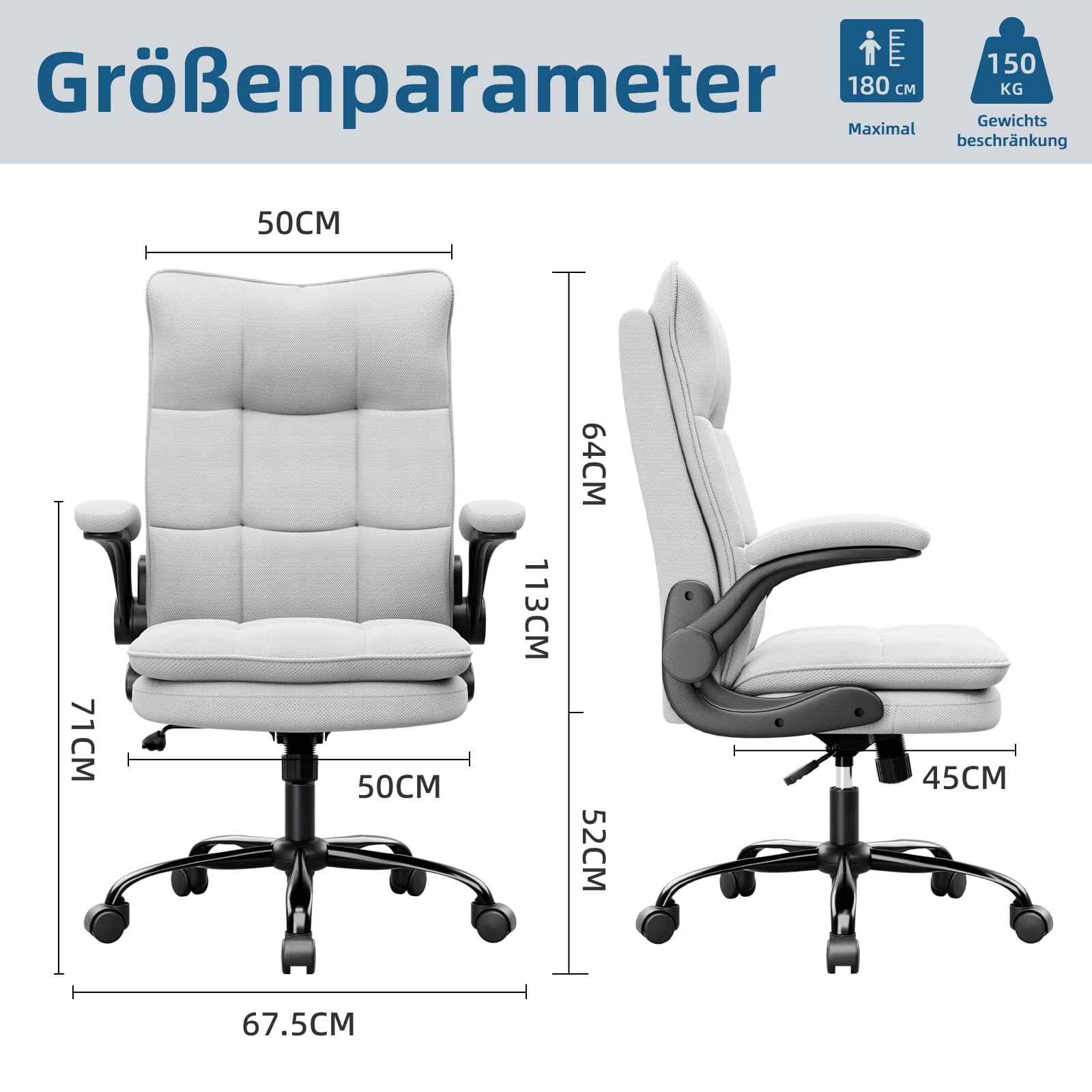 BAYGE Sedia Ufficio, Sedia Ergonomica per Computer con Braccioli Ripiegabili, Poltrona Direzionale con Sedile Largo, Altezza Regolabile, Comoda per Ufficio, Casa e Giochi, Portata fino a 150 kg,Grigio
