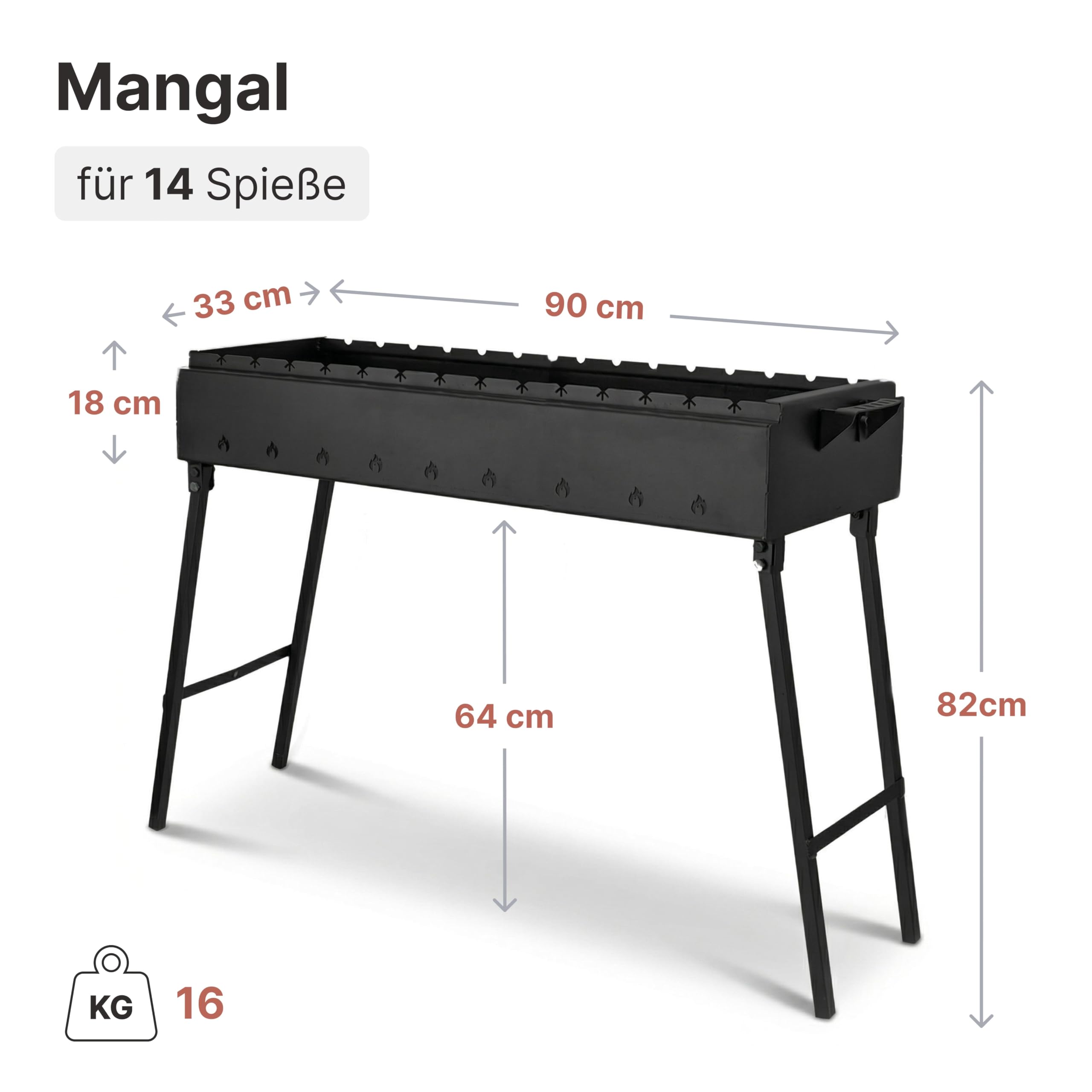 Mangal Klappbar Holzkohlegrill für 14 Spieße 2 mm Stahl 90x33 cm Schaschlik Grill Shashlychnik BBQ Klappgrill Ideal für Garten, Camping & Picknick