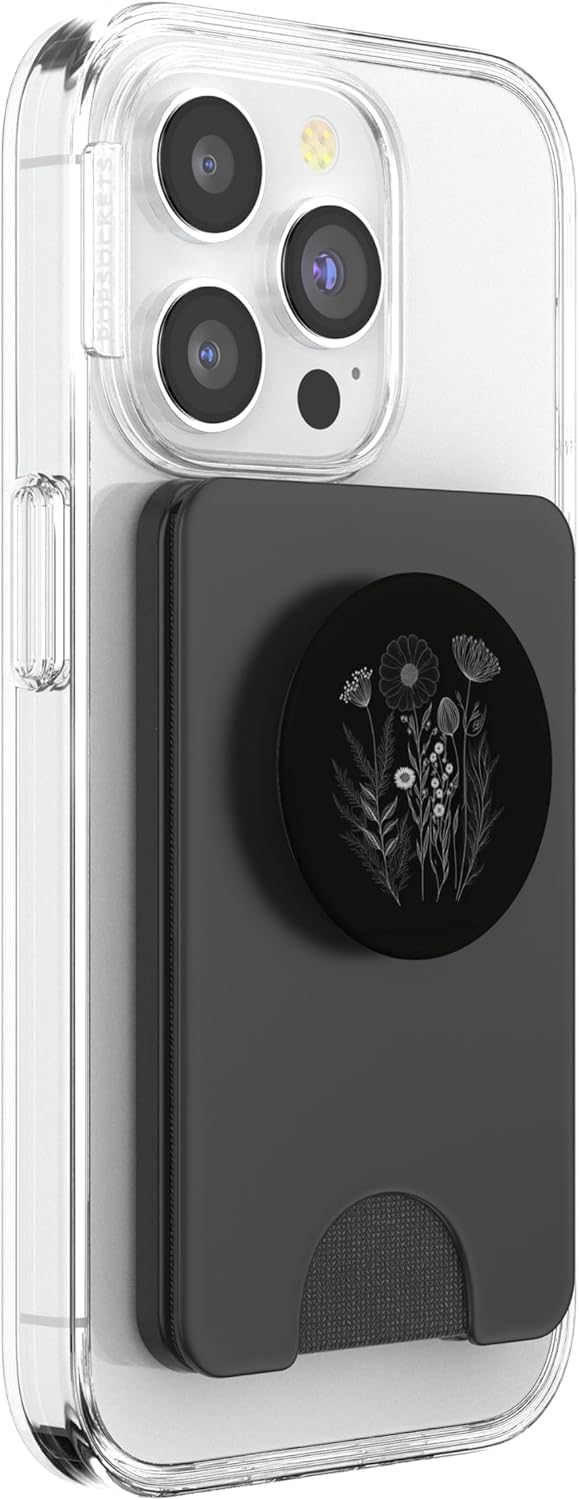 Wildflower Floral Flower Design Feminine Black PopSockets PopWallet for MagSafe
