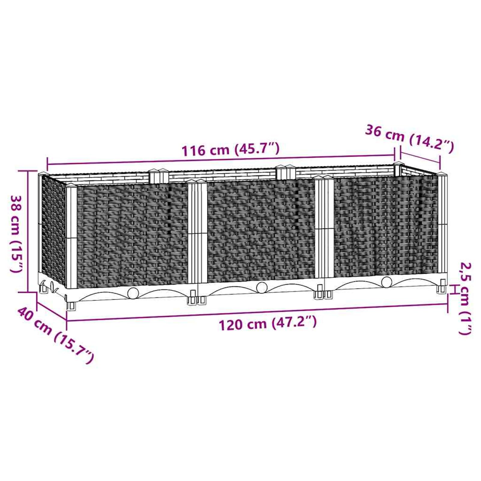 Gecheer Letto Rialzato, Fioriera in Polipropilene 120x40x38 cm per Giardino, Aiuola Rialzata con Ampio Spazio per Piante, Fiori, Orto Domestico, Facile da Montare, Design Elegante Nero