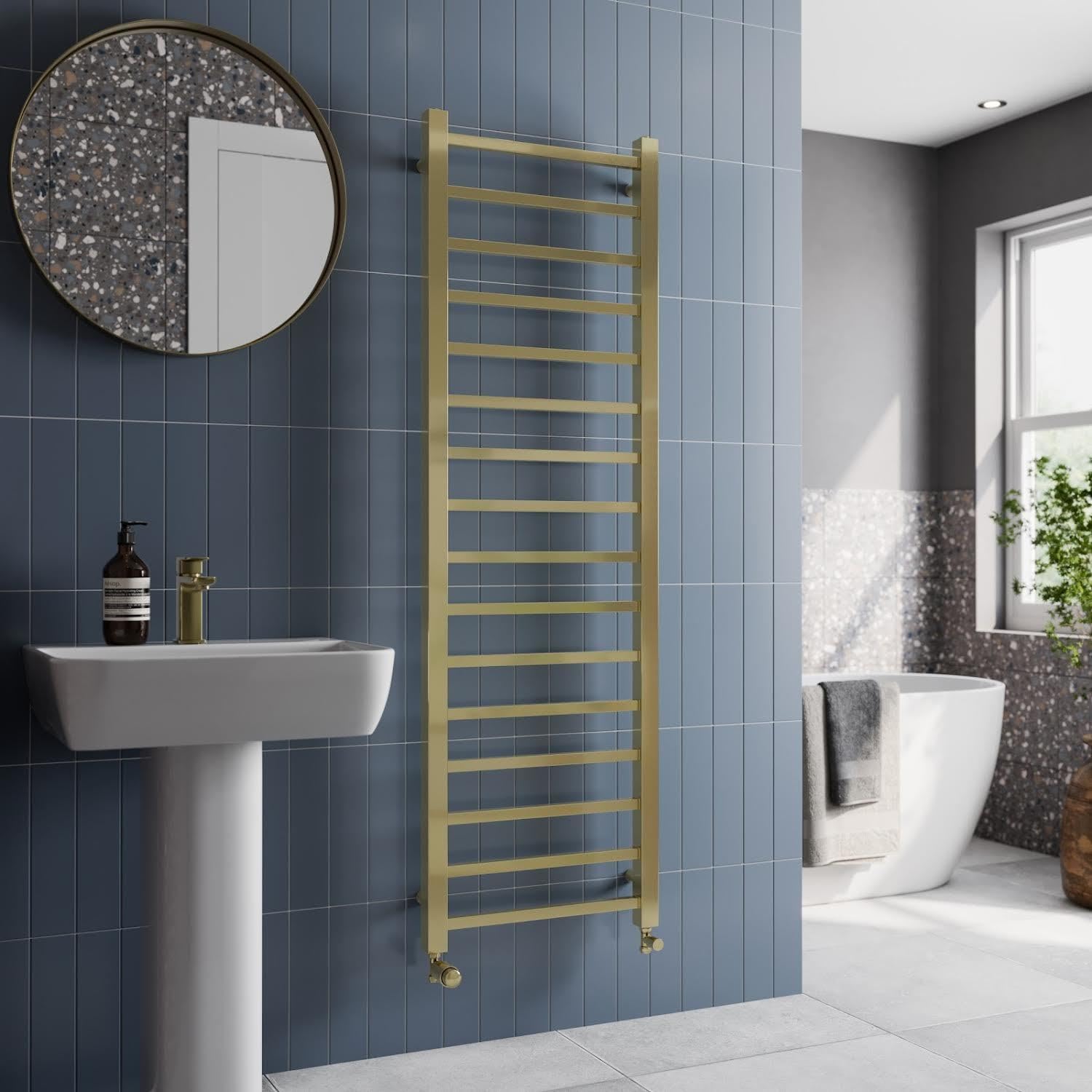 Solaro® 1200 x 500mm Square Bar Straight Heated Towel Rail Radiator Modern Central Heating Bathroom Warmer Wall Mounted Ladder Rad, Brushed Brass