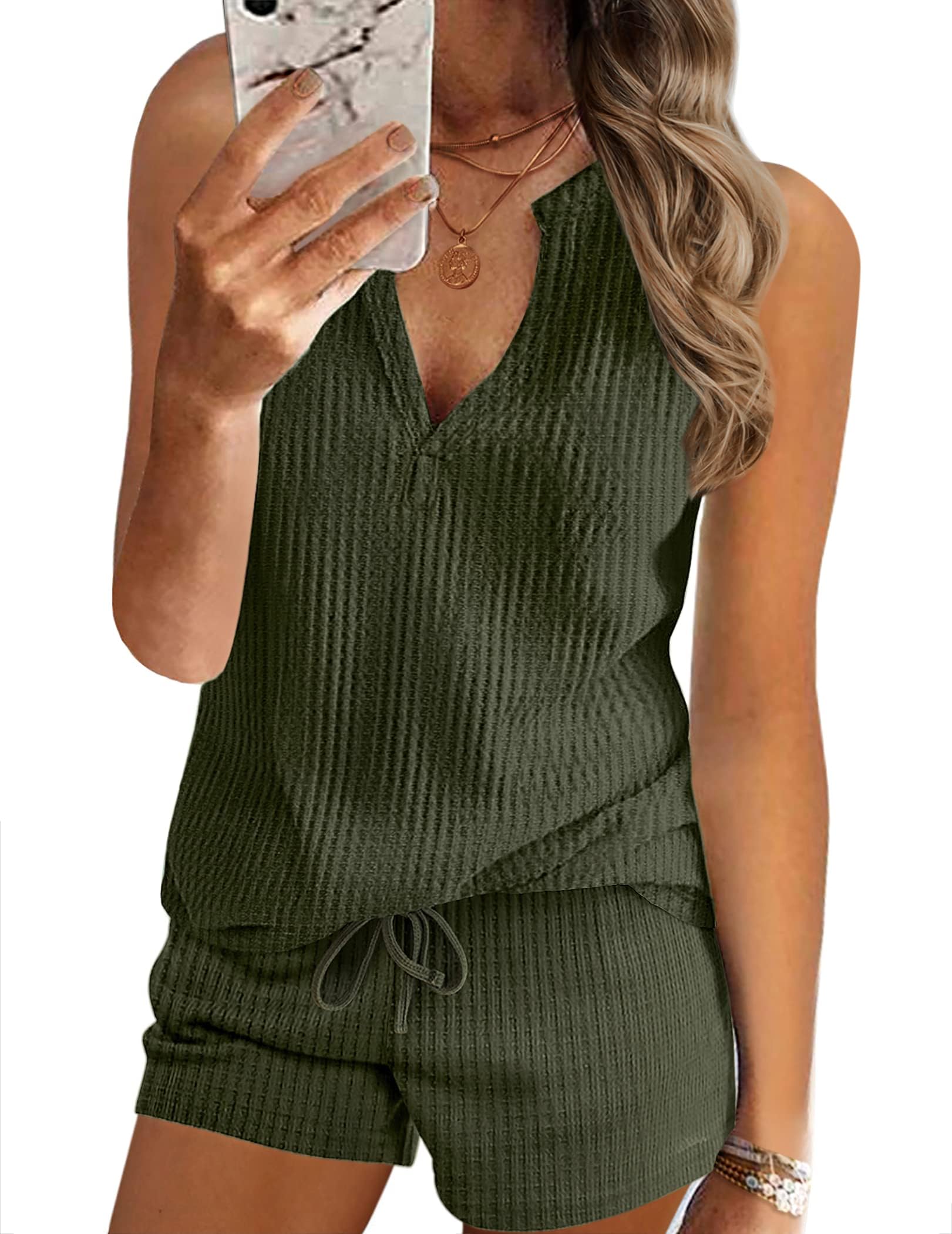 Ekouaer Pajamas Tank Top Lounge Sets Waffle Knit V Neck Sleeveless Outfits Sets Sleepwear Loungewear for Women