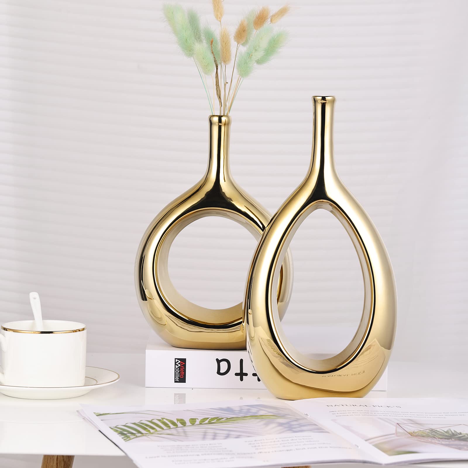 Set di 2 Vasi Moderni Decorativi in Ceramica Placcato Oro, Vaso Dorato con Design Aperto Centrale, Centrotavola Elegante per Soggiorno, Sala da Pranzo, Camera da Letto e Ingresso - Altezza 30.5 cm