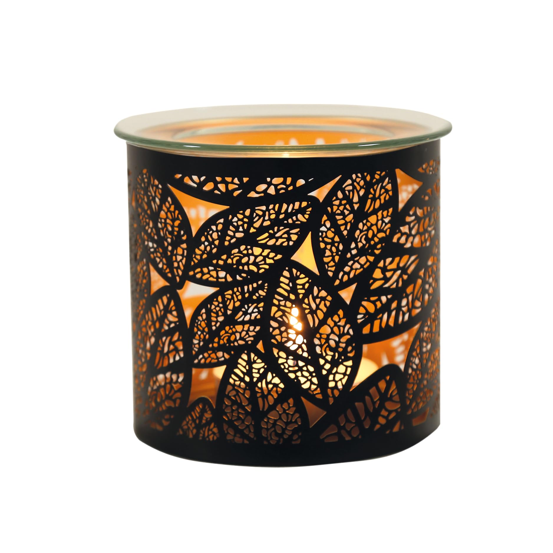 Aroma Tealight Wax Melter & Candle Holder - Black & Gold Silhouette Leaves 10.5cm