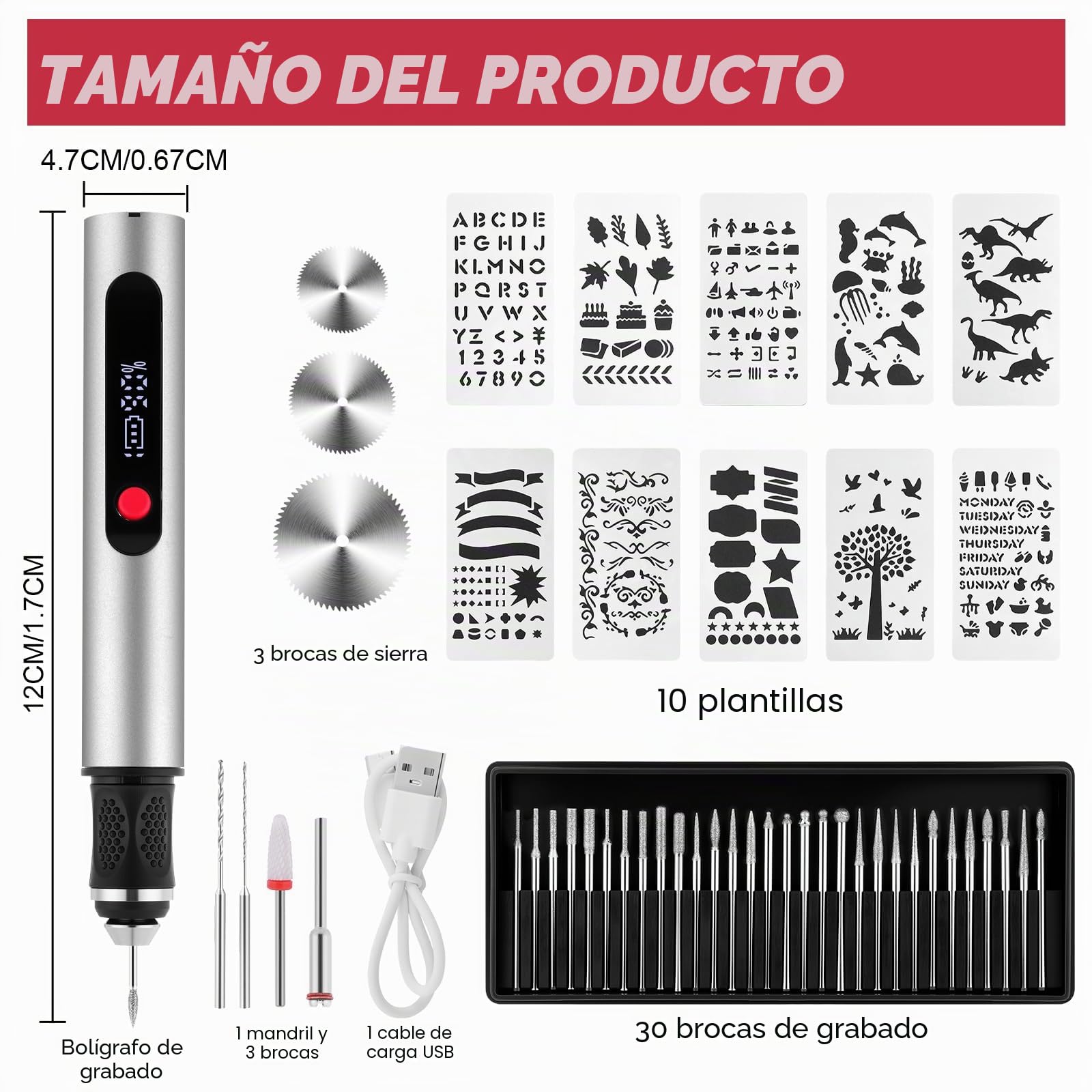 flintronic Grabado Pluma, Lápiz de Grabado Eléctrico, Pino de Grabado Eléctrico con 30Bit, Herramienta de Grabado Inalámbrica Portátil,Mini Bolígrafo Grabador Eléctric,USB Carga,Regulador 3 Velocidade