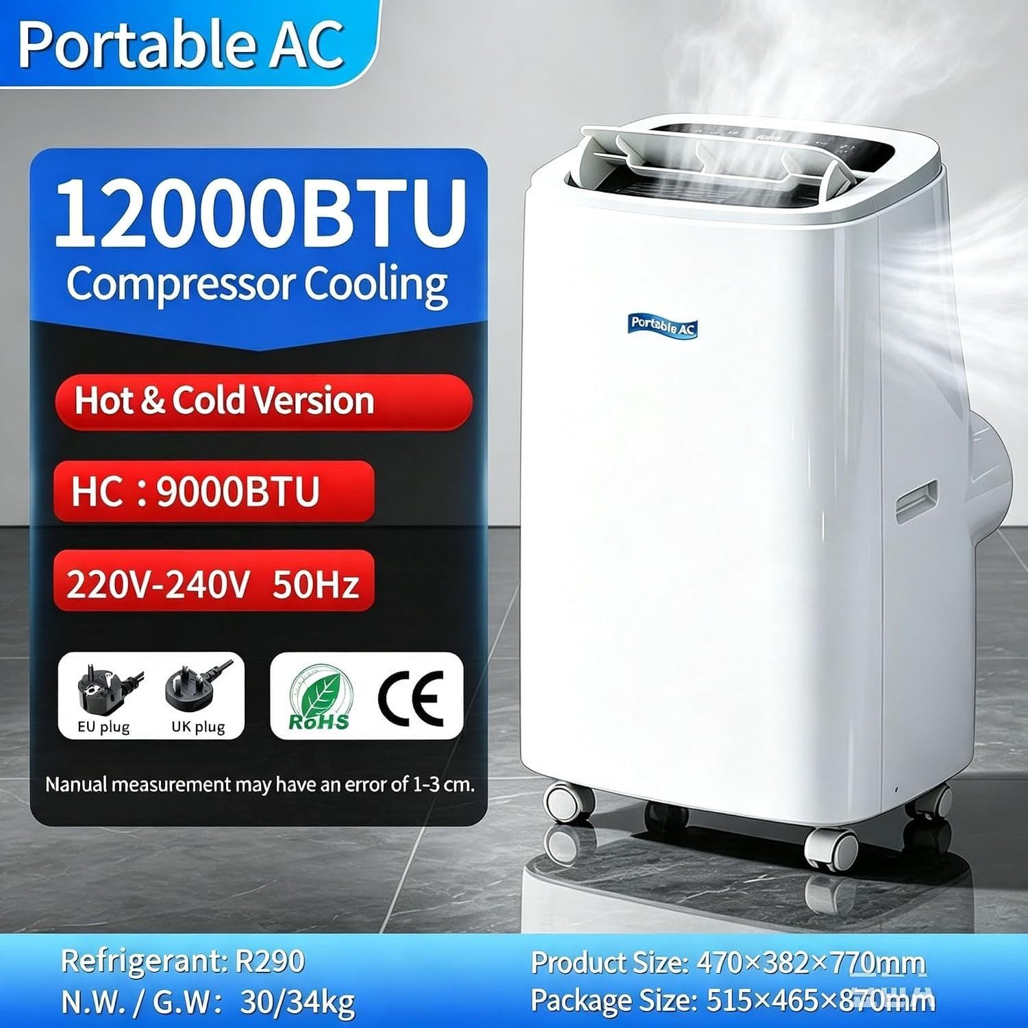 Aire Acondicionado Portátil 18000 BTU, 2 en 1 Frío y Calor, Unidad de Climatización Autónoma con Ruedas, Mando, Enchufe para Eurozona y Reino Unido, B+Hot & Cold 12000 BTU, B+Hot & Cold 12000 BTU