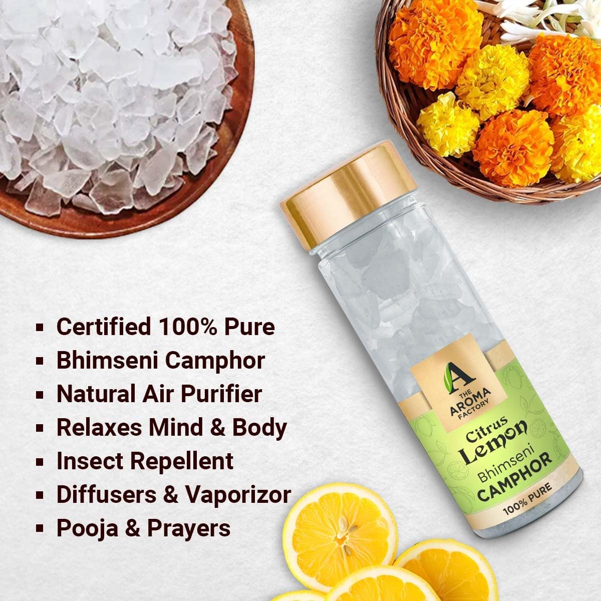 The Aroma Factory Pure Bhimseni Camphor, Citrus Lemon & Jasmine, Zero Residue Kapoor with Fragrance for Pooja, Aarti Kapur | Bottle Pack of 2 x 80gm