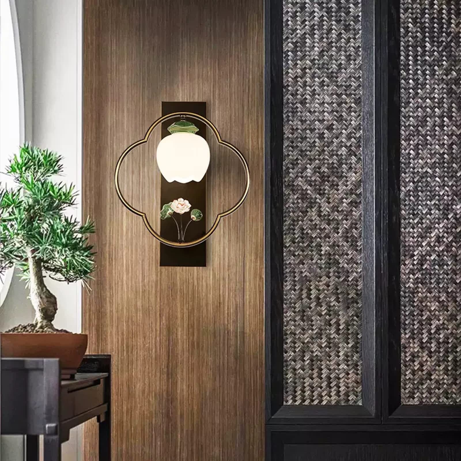 lampa ścienna Nowa chińska kinkiet w całości z miedzi, lampka nocna w salonie, kreatywny kinkiet z liśćmi lotosu kinkiet do sypialni