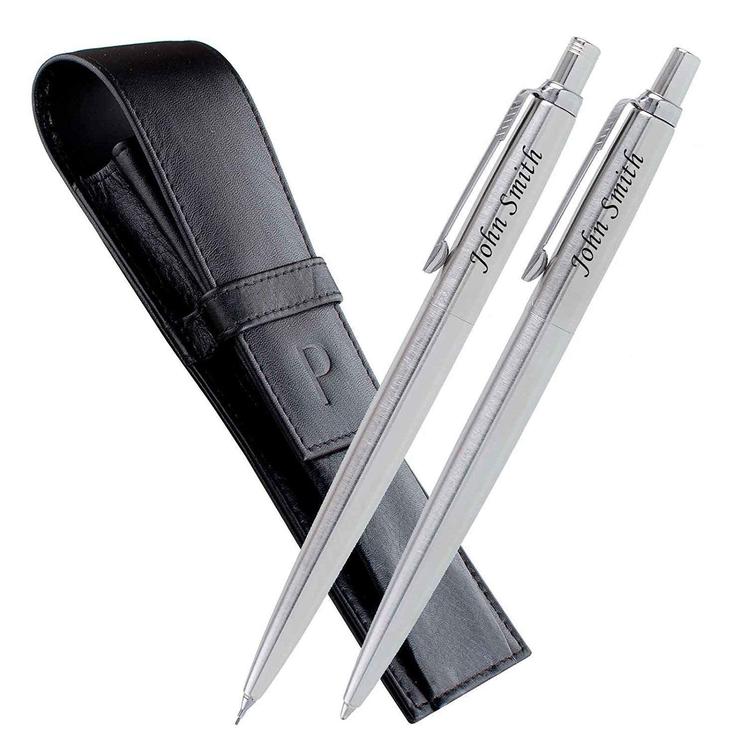 Personalised Engraved Parker Jotter Ballpoint/Fountain Pen/Set Gift Boxed in a Leather Pouch, Personalised Gifts For Anniversary, Christmas - Enter Your Custom Text (Jotter Steel Pen & Pencil Set)