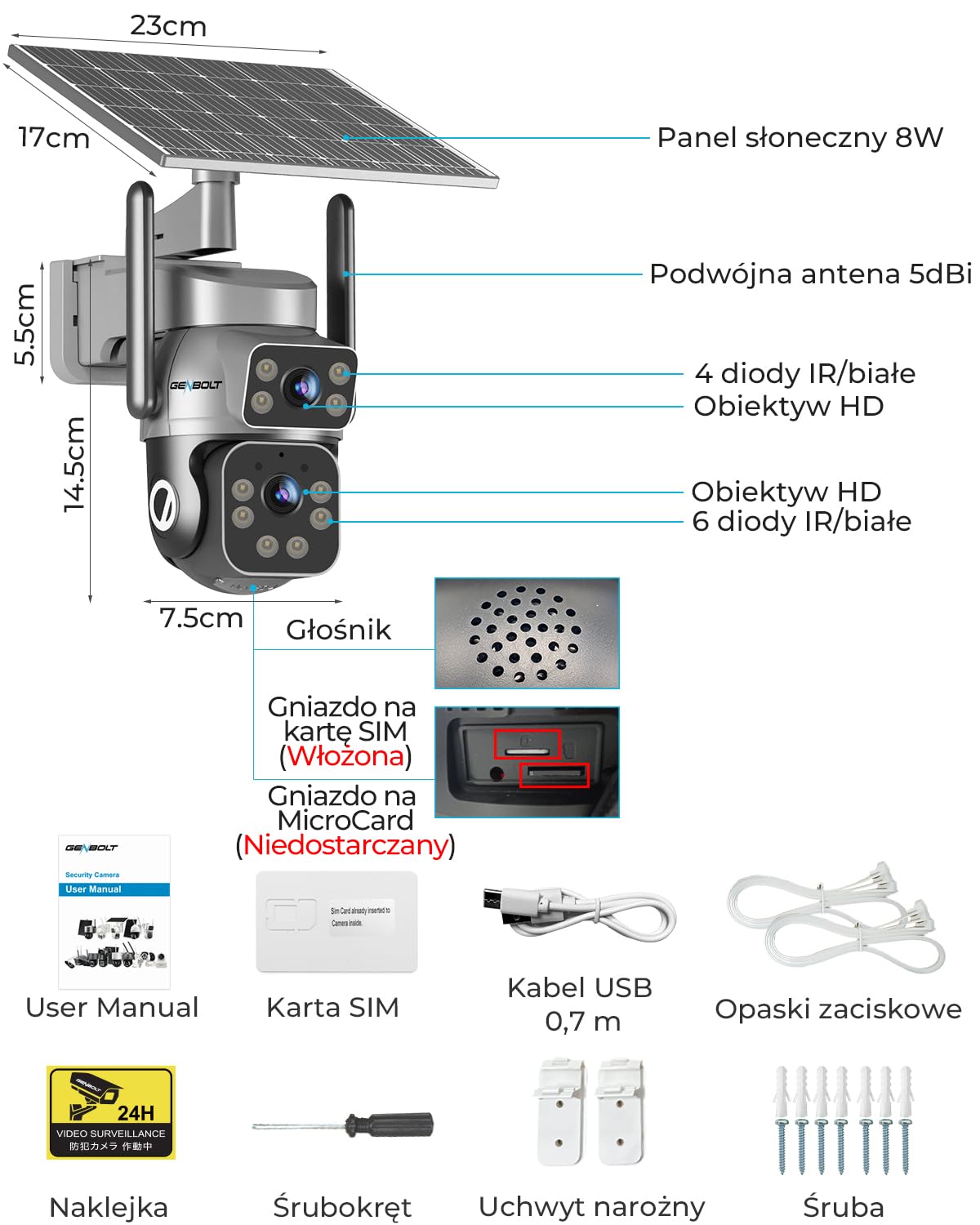 GENBOLT 3G/4G LTE Cellular Zewnętrzna Kamera do Monitoringu, AOV Kamera Słoneczna bez WiFi, 8W 14400mAh Zewnętrzna bateria, System Kamera IP PTZ Solar Secruity Camera 4G z Kartą SIM
