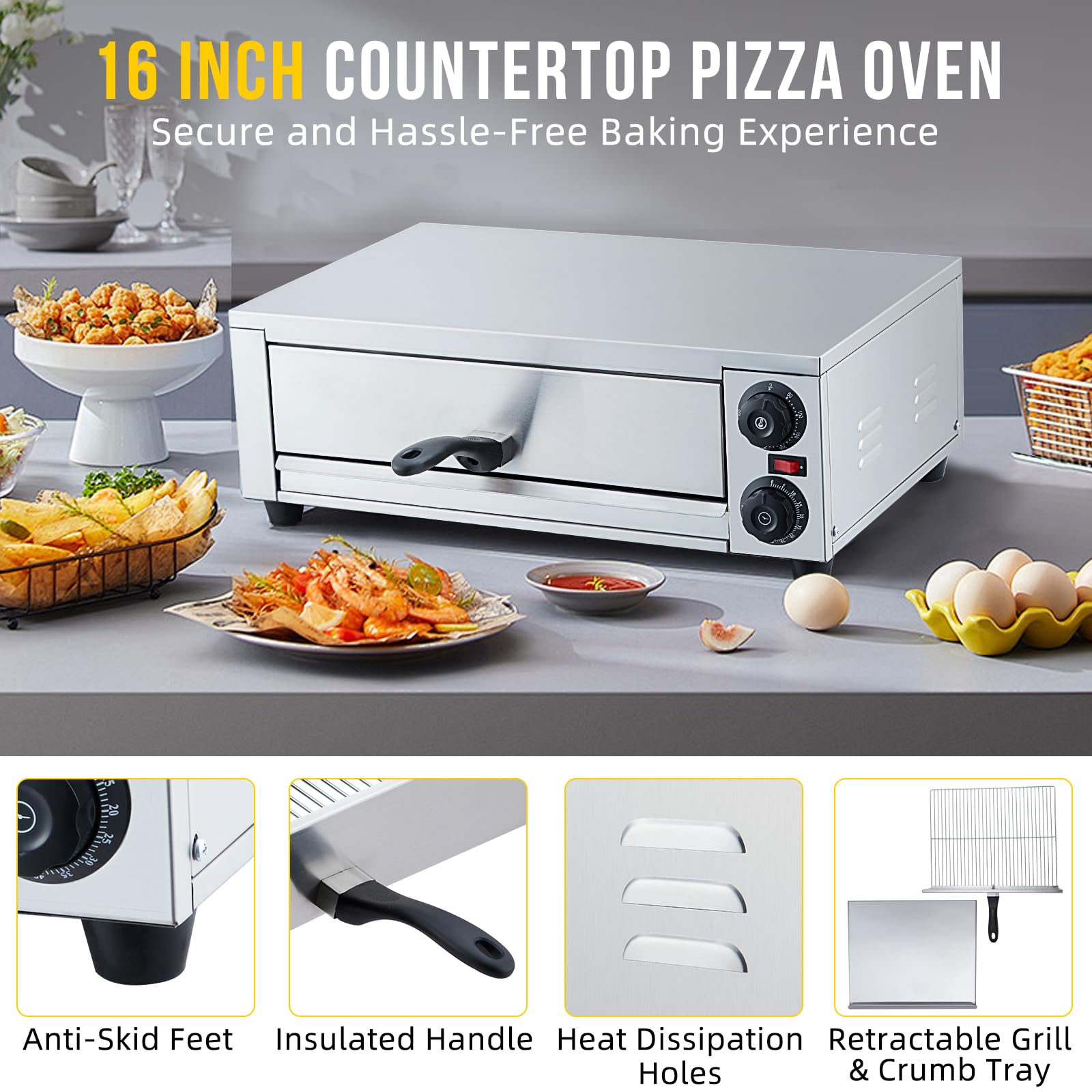 Horno de pizza comercial, horno de pizza eléctrico de 1300 W con bandeja de migas fácil de limpiar, máquina de pizza de acero inoxidable para pizzas de hasta 16 pulgadas para cocina y uso comercial 6