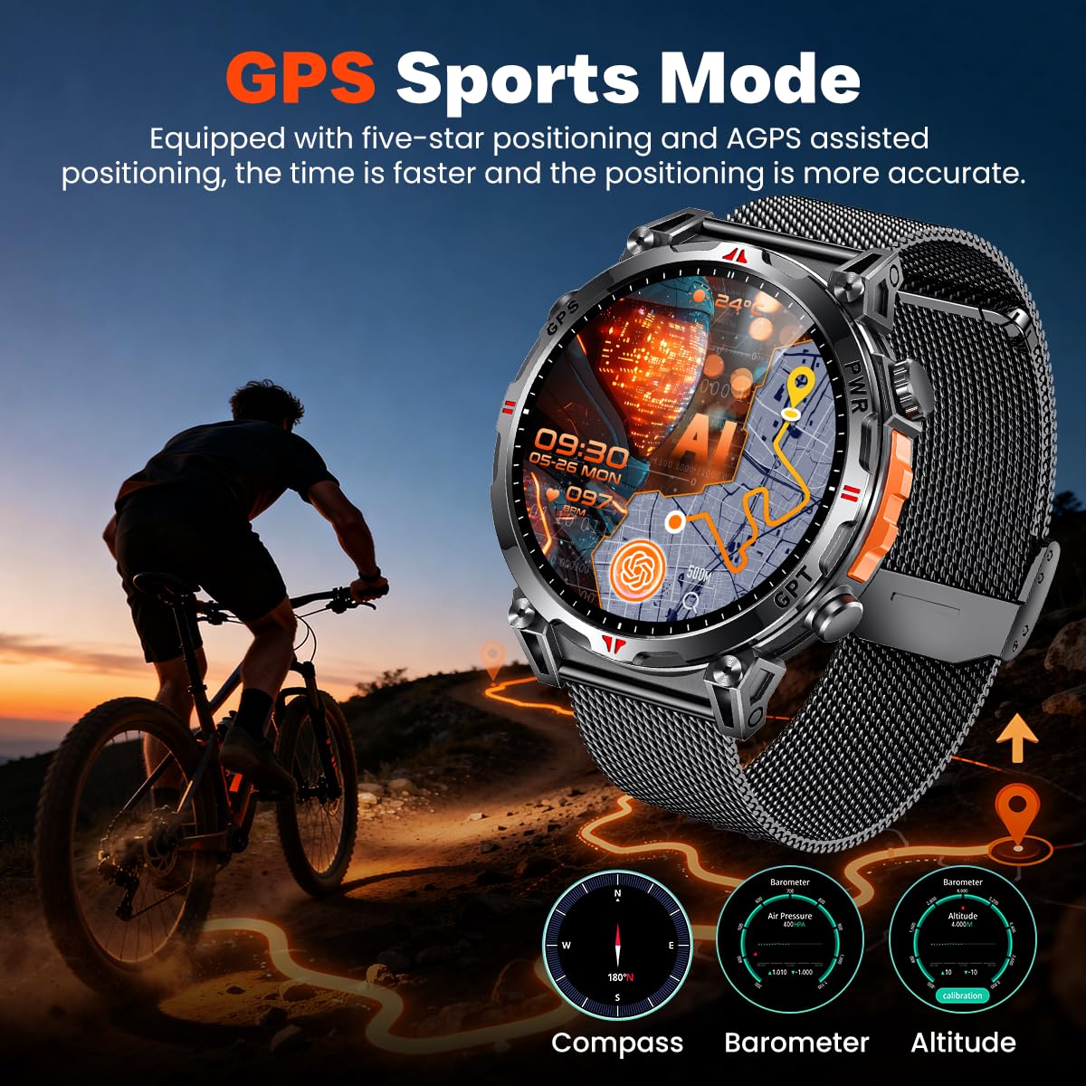 Reloj Inteligente Smartwatch Hombre con GPS: 1.7''AMOLED Pantalla Táctil Bluetooth SmartWatch con GPT Ai Esfera Brújula SpO2 Sueño Presión Arterial 100+Modo Deportivo 3ATM Impermeable Para Android iOS