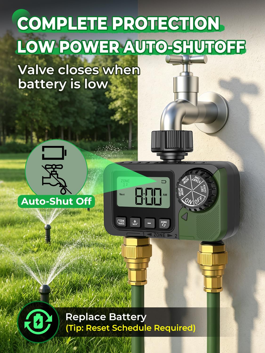 Temporizador de aspersor de 2 tomas, temporizador programable de manguera de agua con retardo de lluvia/sistema de riego manual/automático, riego automático digital al aire libre para jardín, patio
