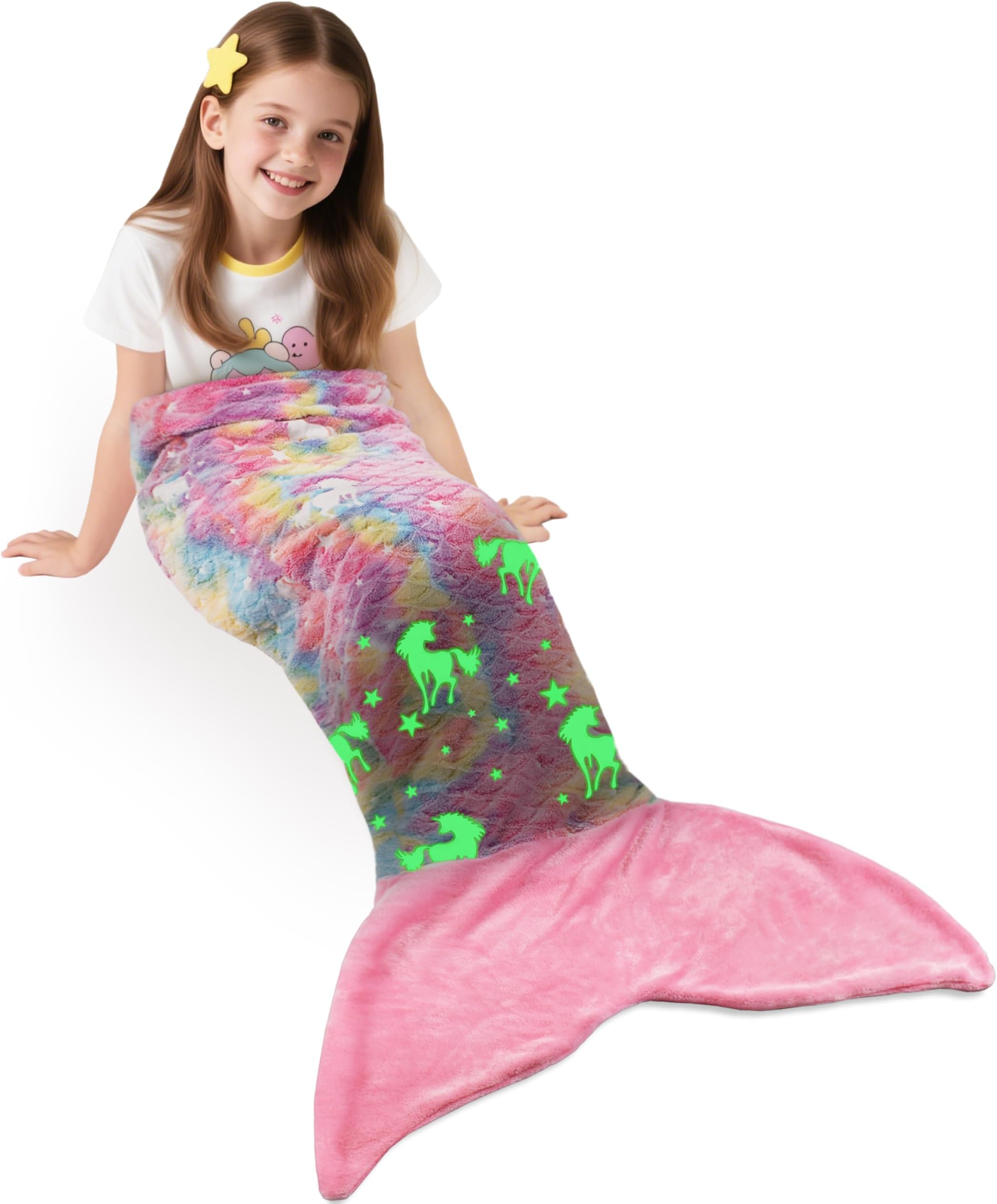 Glow in the Dark Mermaids tail blanket, soft warm plush fleece sleeping bag cuddly blanket, 155 x 50 cm fish scale pattern, Pink unicorn