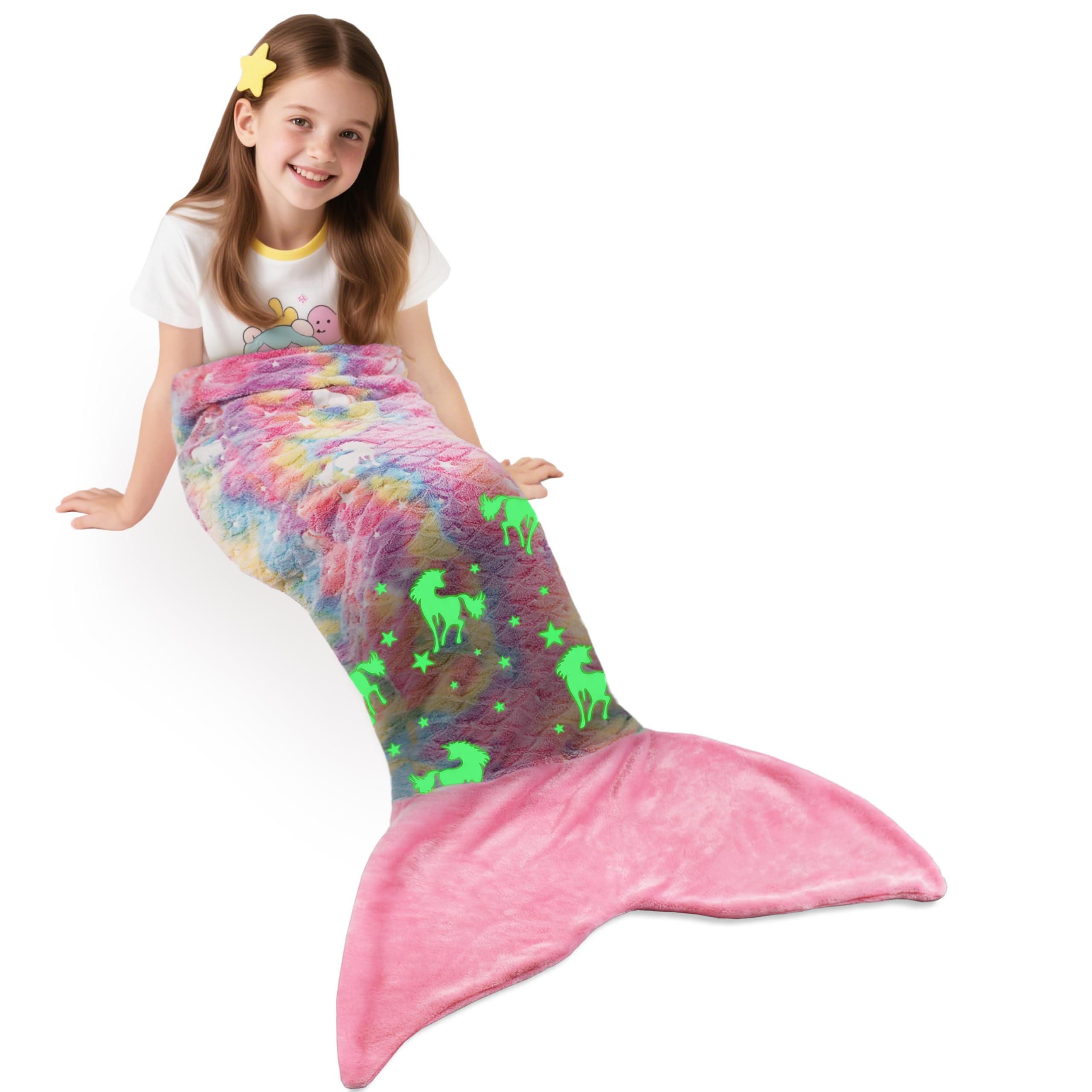 Glow in the Dark Mermaids tail blanket, soft warm plush fleece sleeping bag cuddly blanket, 155 x 50 cm fish scale pattern, Pink unicorn