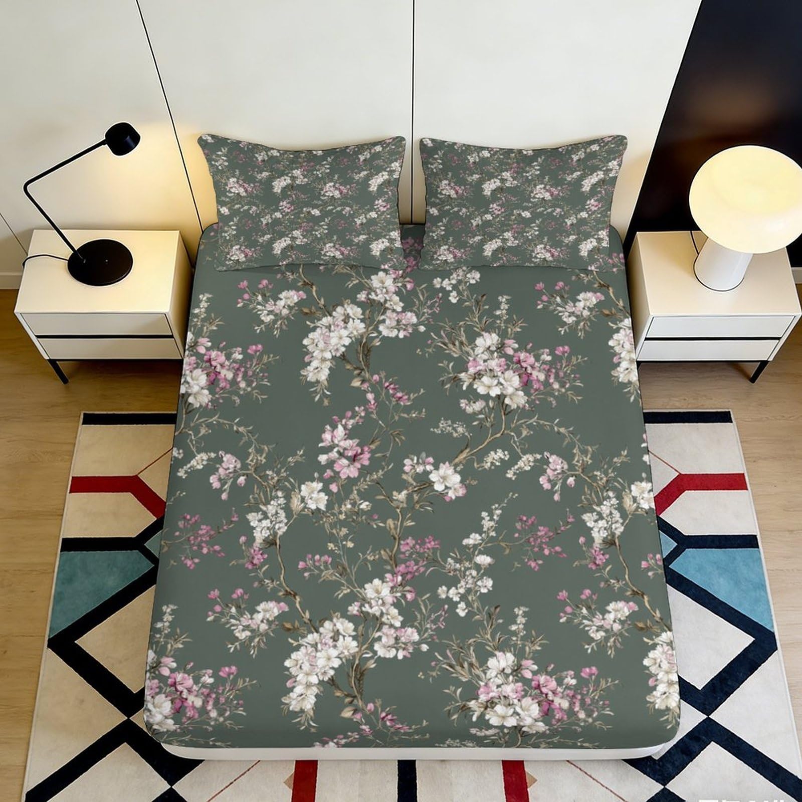 3D Printed Floral Blossom Fitted Sheet Microfiber Non-Slip Bed Cover Green Botanical Pattern Machine Washable for Bedroom Guest Room 90x200x25cm