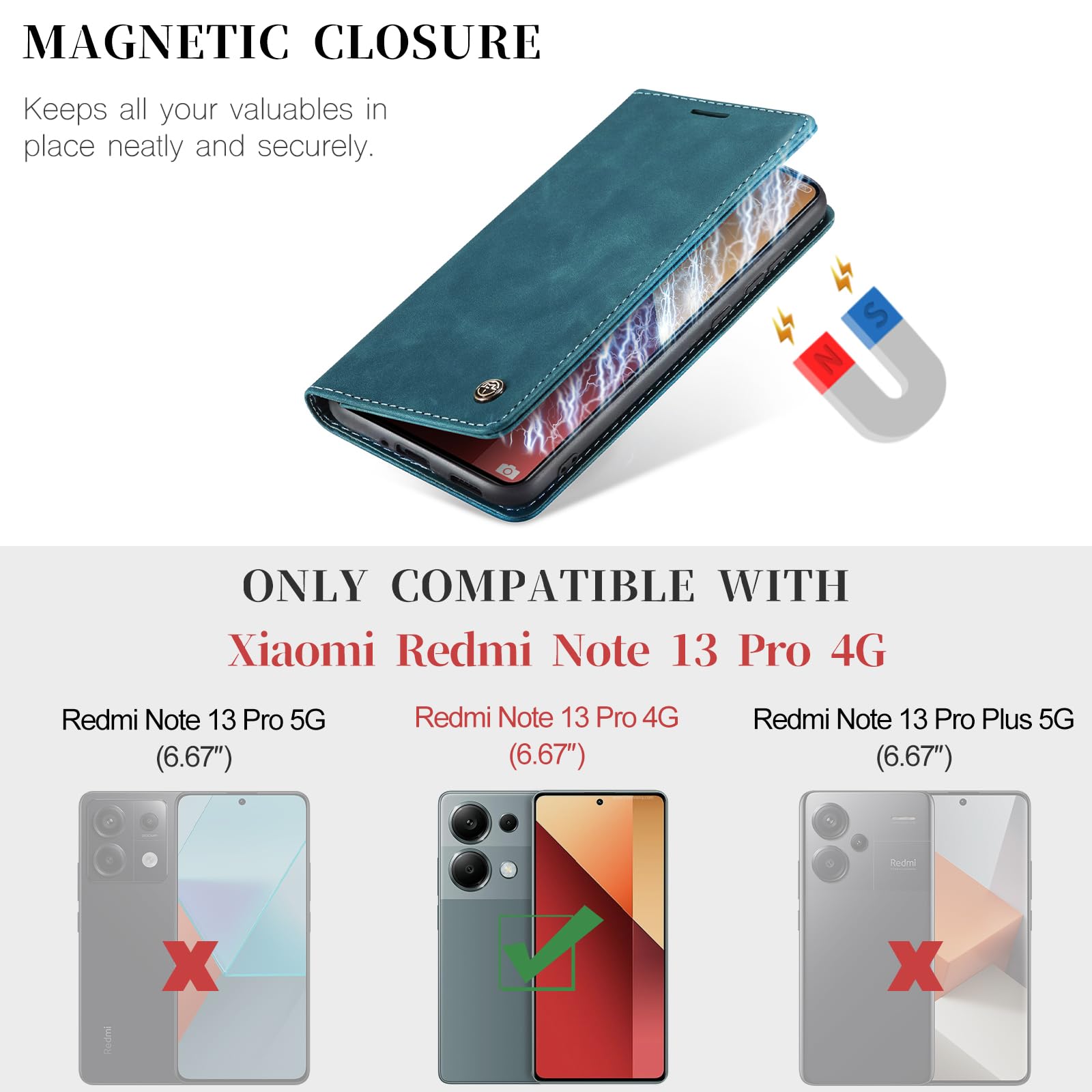 BEZ Cover Portafoglio Con Magnetica Per Xiaomi Redmi Note 13 Pro 4G | Custodia In Tela E PU Con Portacarte E Supporto | Protezione RFID E Anticaduta
