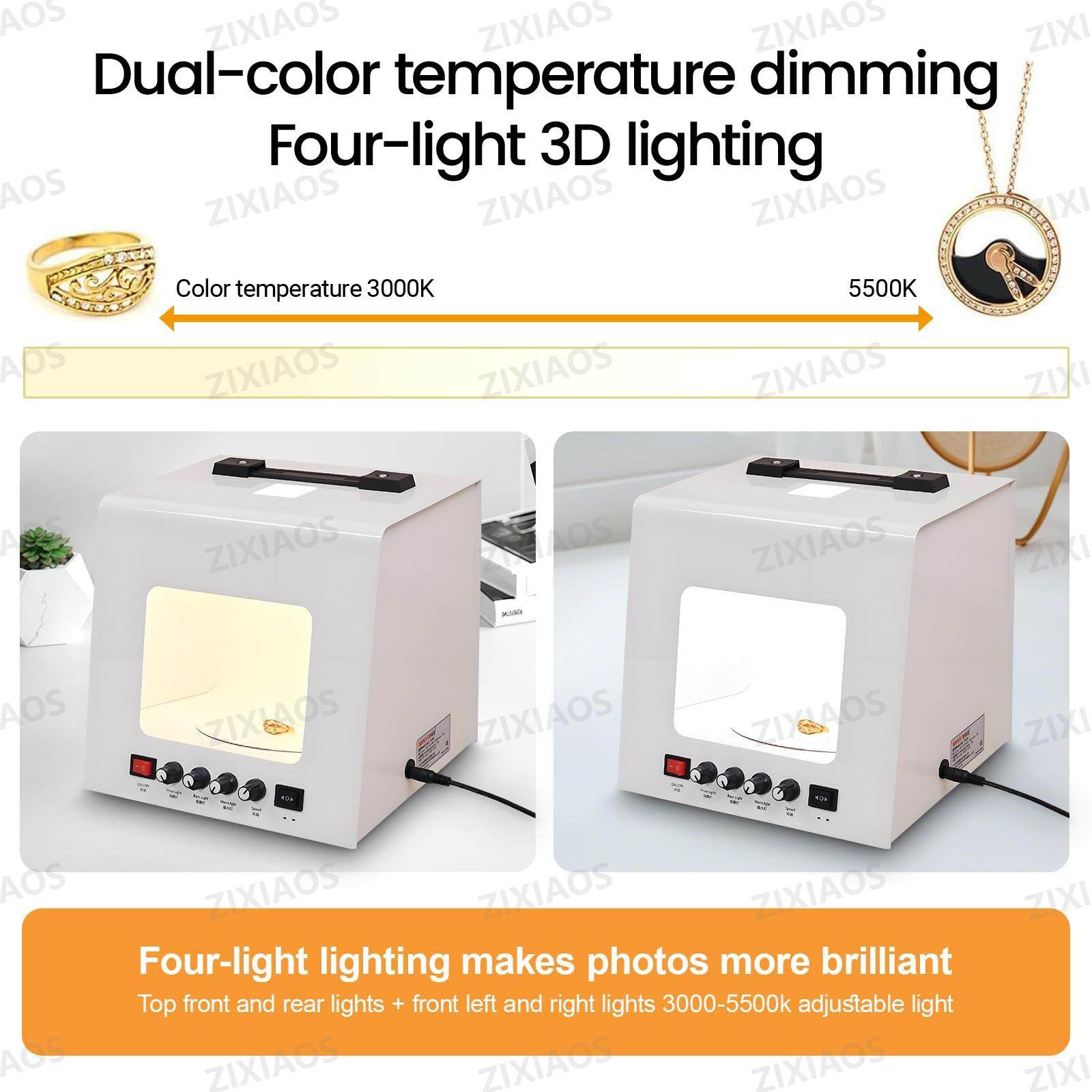 Scatola Luminosa per Foto Di Gioielli Con Giradischi Automatico E Supporto per Appendere, Tenda Softbox Dimmerabile per Riprese Di Gioielli, Supporto per Appendere O Posizionare Gioielli 20cm
