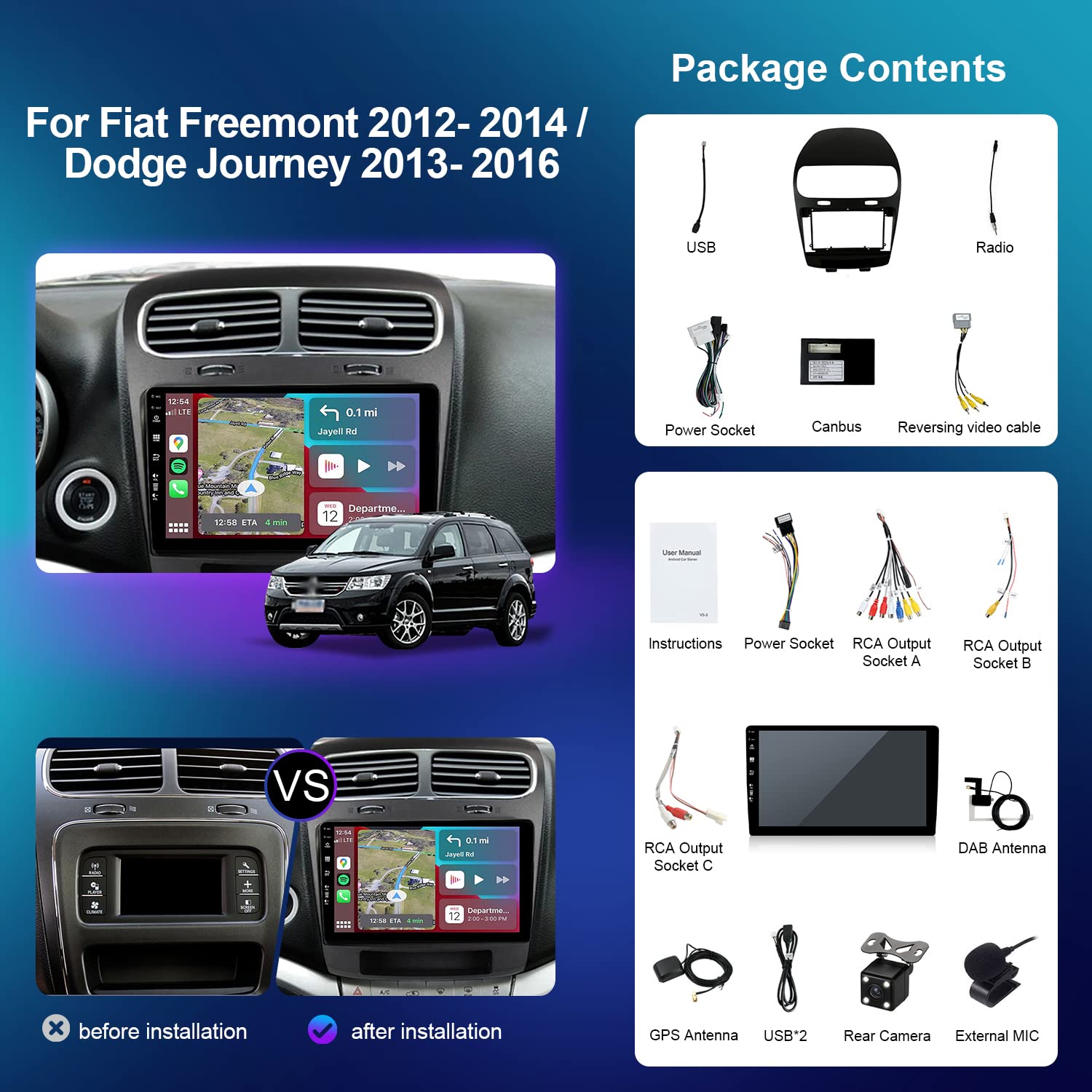 Radio samochodowe z systemem Android 14 IPS - [wbudowane DAB] - do FIAT Freemont Dodge Journey Leap (2012-2020) - bezprzewodowe Carplay/Android Auto - 4G + 64G - Kamera + MIC - 9 cali 2 DIN