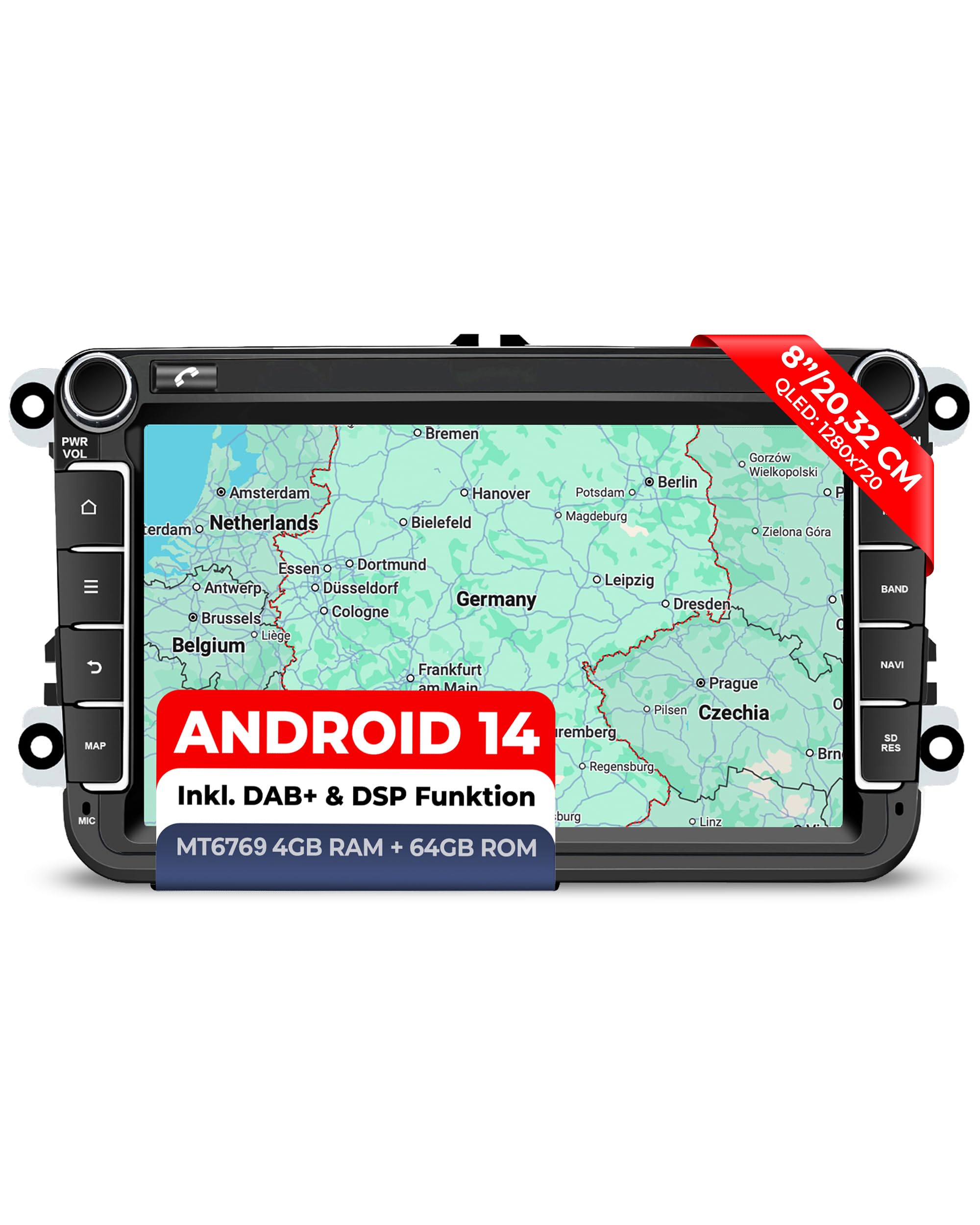 M.I.C. AV8V7-L3 Android 14 Autoradio für VW Golf 5/6 Passat Touran Tiguan T5 / Skoda/SEAT (RNS/RCD Ersatz) – 8" QLED, 4GB+64GB, Apple CarPlay/Android Auto, DAB+(Antenne inkl.), CANBUS integriert | MediaTek MT6769, 4GB+64GB, 8 Zoll QLED Display, Apple CarP