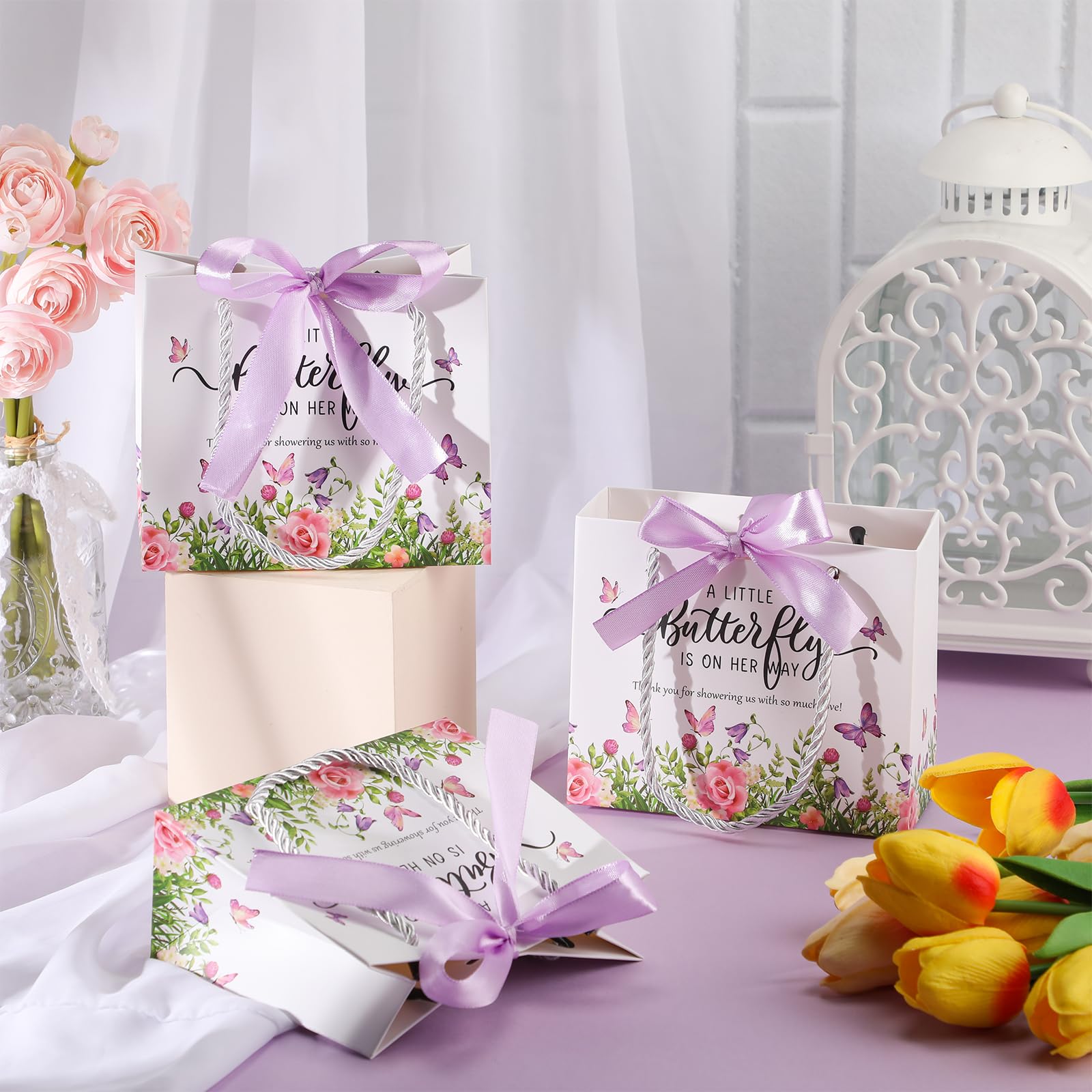 Spakon 25 Pack Butterfly Baby Shower Favors Gift Bags Goodie Bags with Handles and Bow Ribbon for Baby Shower Return Gift