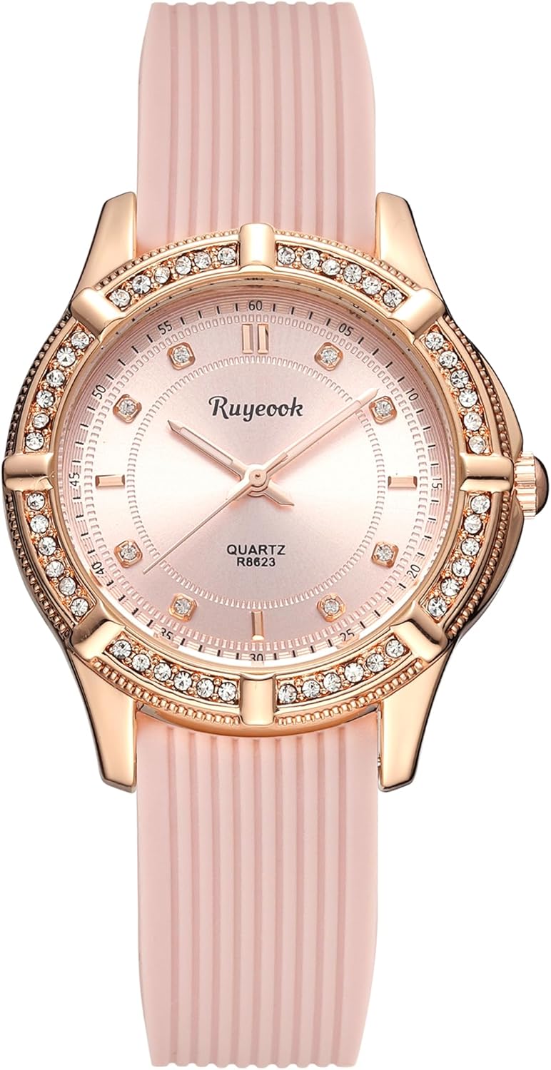 Ladies Quartz Watch, Crystal Rhinestone Bezel, Silicone Band,White/Black/Pink/Green Band Options Waterproof Nurse Wrist Watch for Women