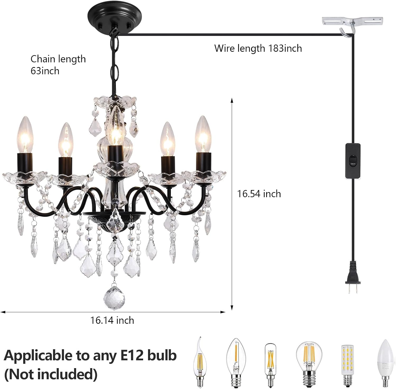 Plug in Modern 5-Light Black Chandelier with Glass Crystals, Candle Style Pendant Light Fixtures for Living Room, Girls Room, Kitchen Island, Entryway