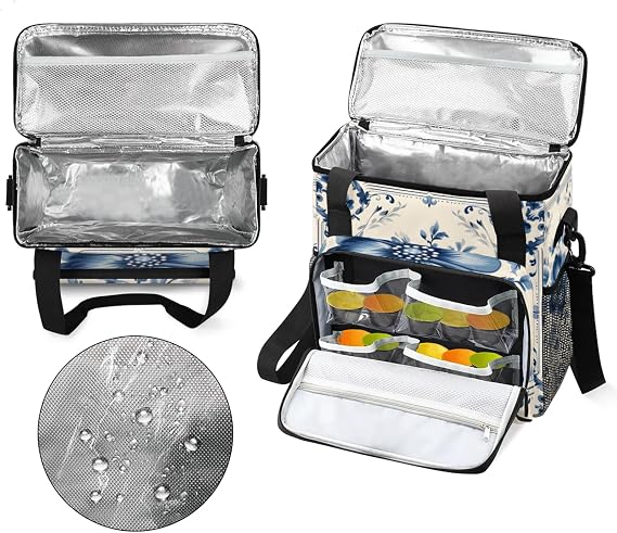 Blue Floral Pattern Coffee Maker Travel Bag for Keurig K-Mini/K-Mini Plus Insulated Waterproof Tote with Pockets Portable Single-Serve Brewer Case