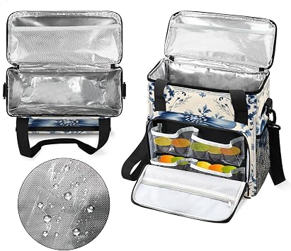 Blue Floral Pattern Coffee Maker Travel Bag for Keurig K-Mini/K-Mini Plus Insulated Waterproof Tote with Pockets Portable Single-Serve Brewer Case
