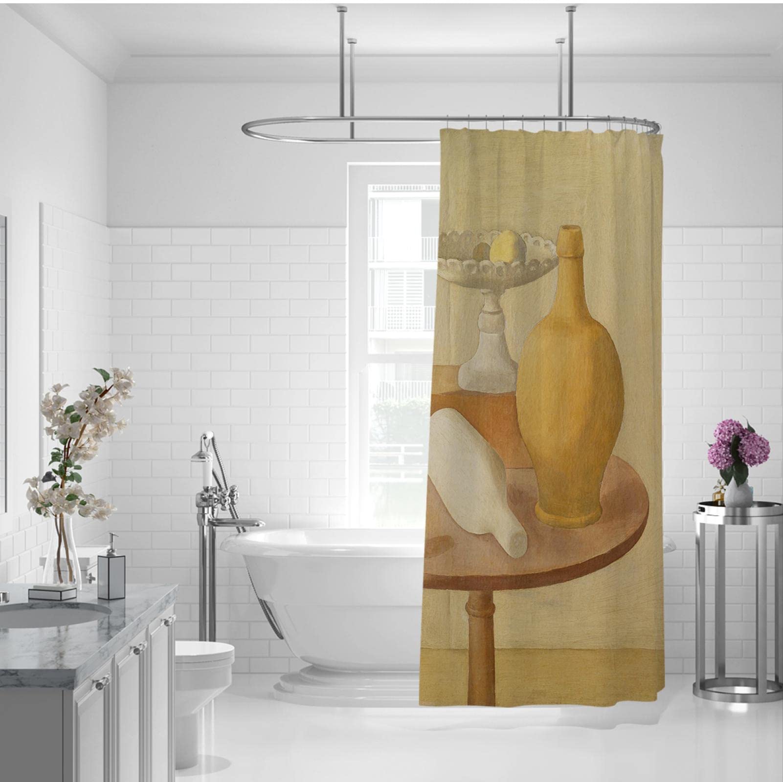Juego de Cortina de Ducha con Ganchos Giorgio Morandi Cubismo Estilo cubismo Cortina de baño Tela de poliéster Soft Condo Decoración de baño W160xL200cm