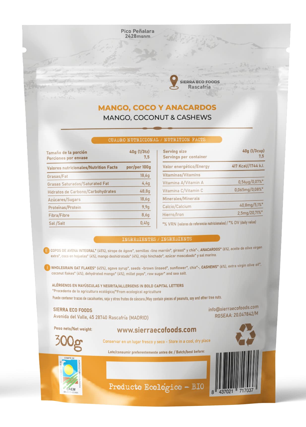 Granola de Mango, Coco y Anacardos (Pack: 3 x 300gr) Peso Total: 900gr