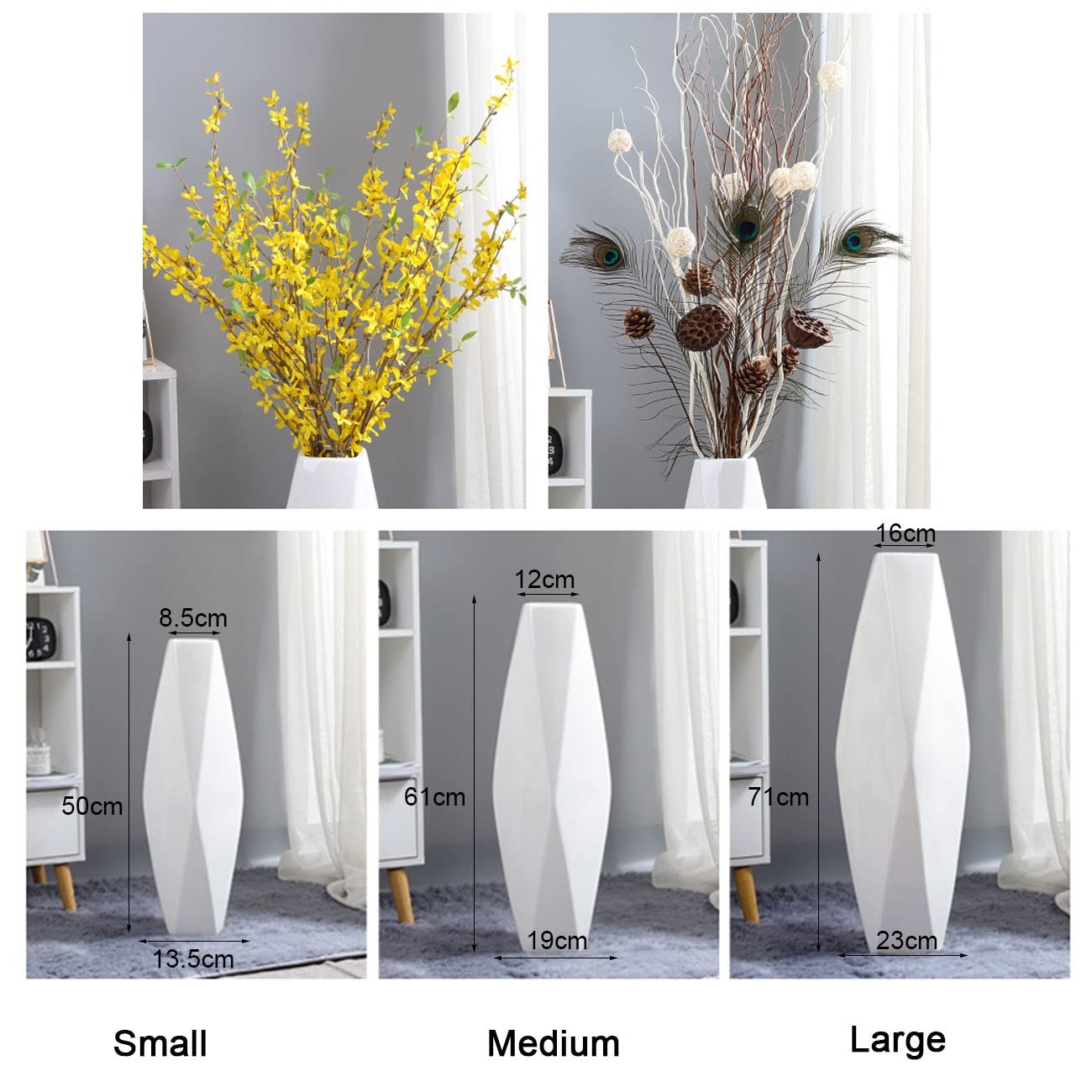 Jarrón Alto En Forma De Diamante, Jarrón De Cerámica Blanca, Jarrón Para El Suelo De La Sala De Estar, Se Puede Utilizar Para Plantas Hidropónicas O Flores Artificiales ( Color : Blanco , S : 50cm )