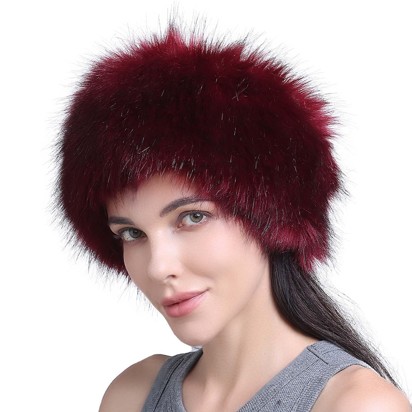 YEKEYI Women's Faux Fur Headband with Elastic Ear Warmer Earmuff for Winter Cold Weather Warm Cap Ski Hat Wine