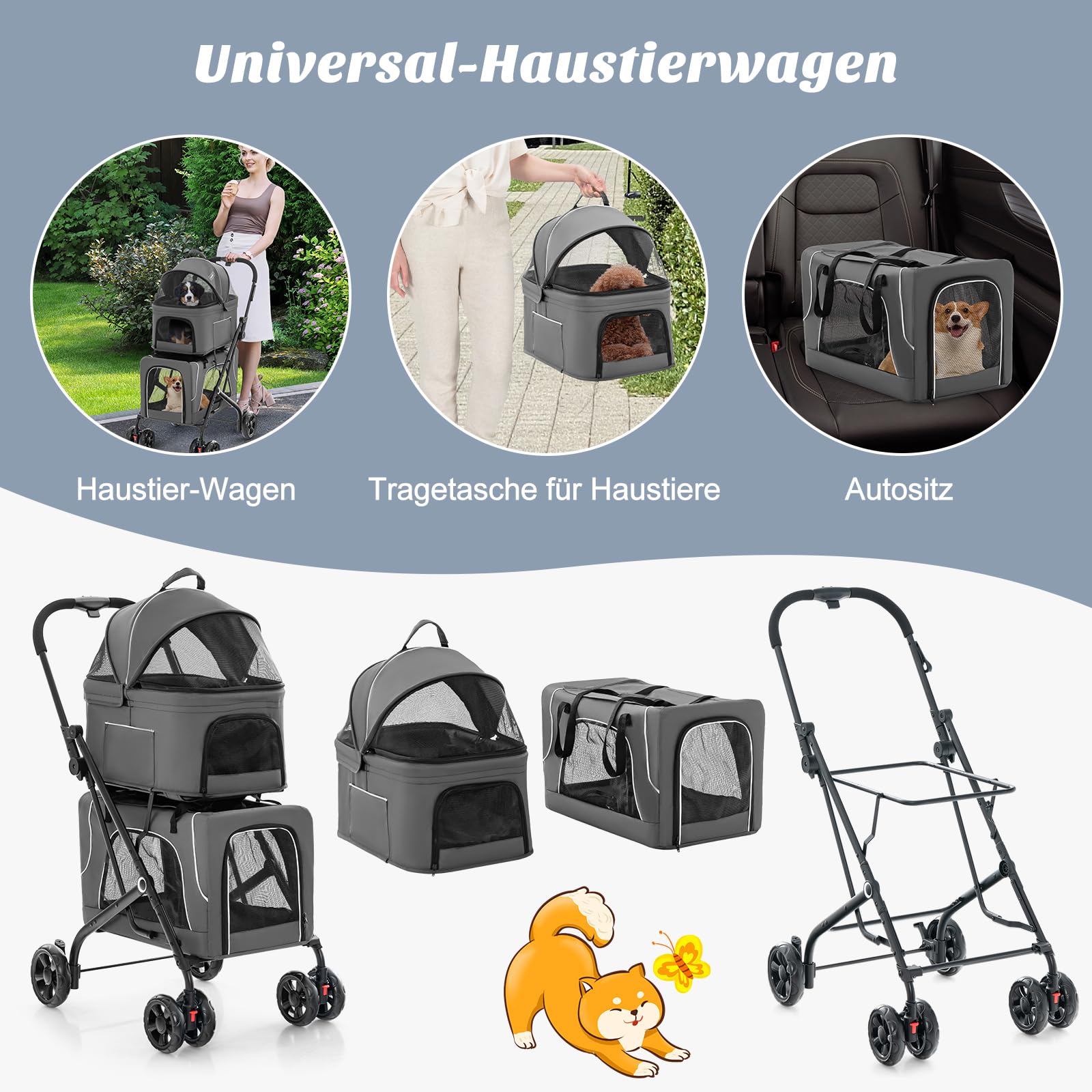 COSTWAY 3 in 1 Hundewagen, Hundebuggy 2 Etagen mit Netzfenstern & Taschen & Polstern, Oxford & Metall, Haustiere Buggy bis 16 kg, Hundebox Transporttasche klappbar, für Hunde Katzen Haustiere, Grau
