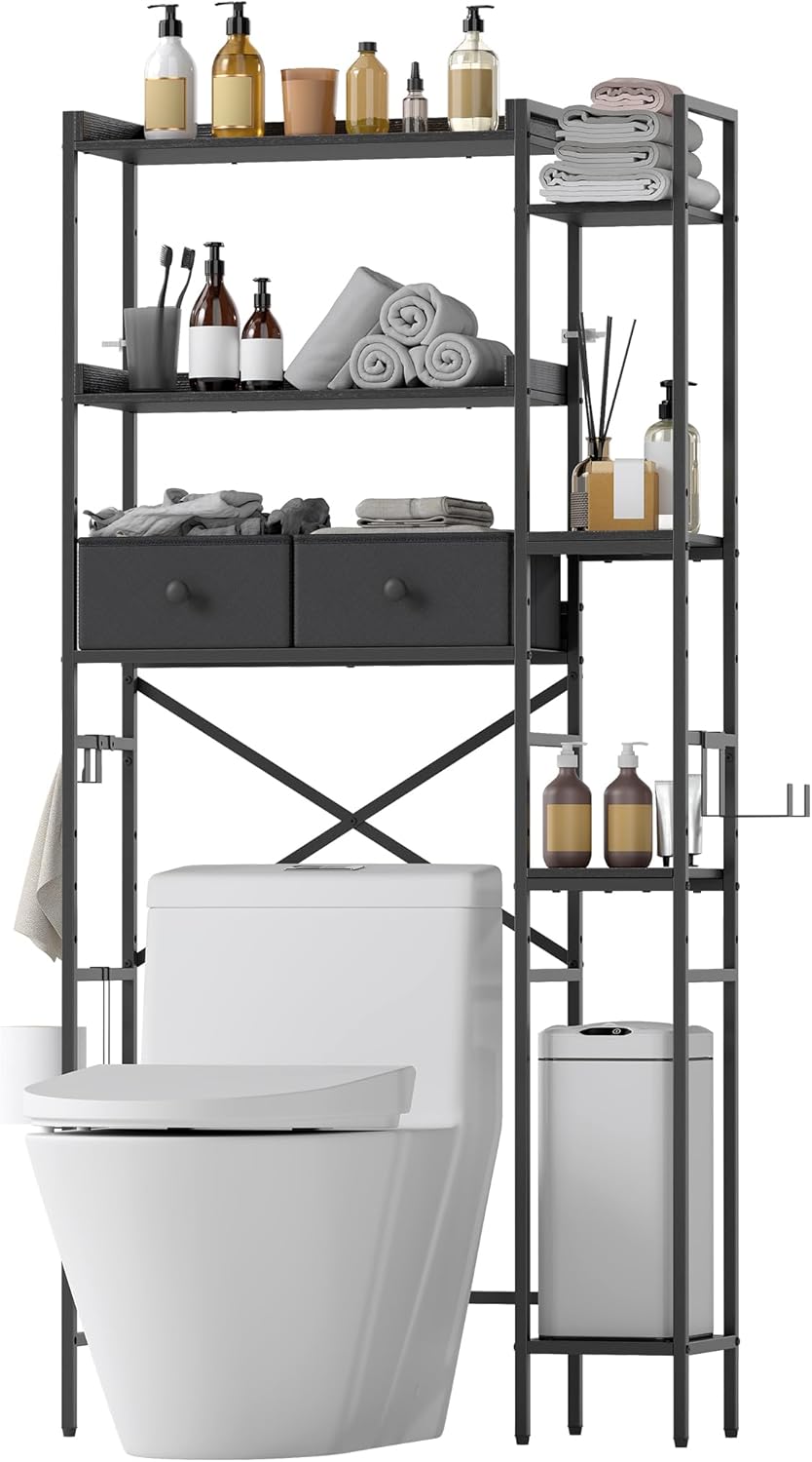 Over The Toilet Storage with 2 Drawers - 7 Tier Bathroom Organizer with Adjustable Shelf, Freestanding Space Saver Storage Rack Above Toilet Stand with Hooks for Small Restroom, Laundry(Black)