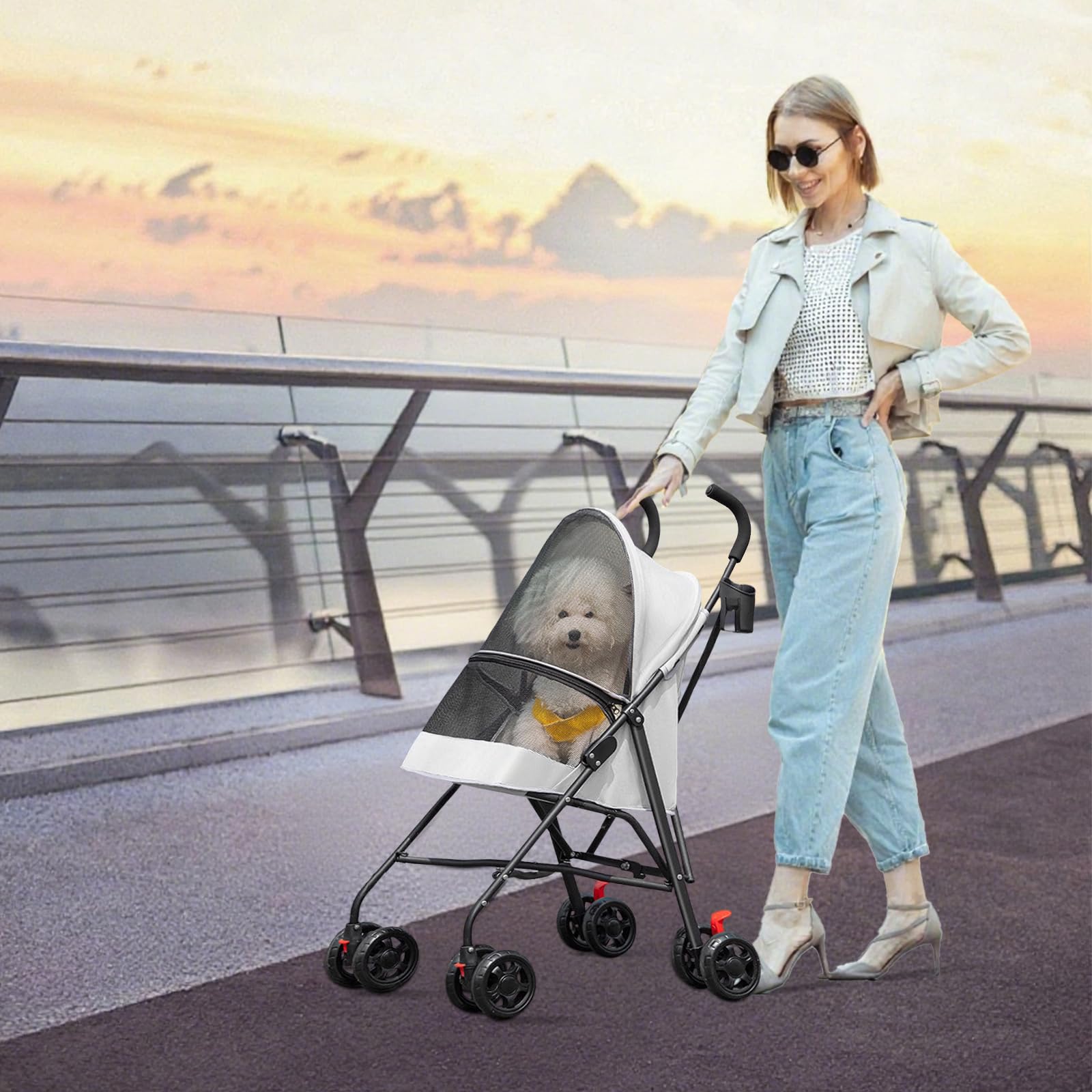 OHMG Passeggino pieghevole animali carrello pieghevole impermeabile cane gatto porta bicchiere cestino portaoggetti incluso ruote con freno tessuto 600D Oxford acciaio copertura antipioggia inclusa