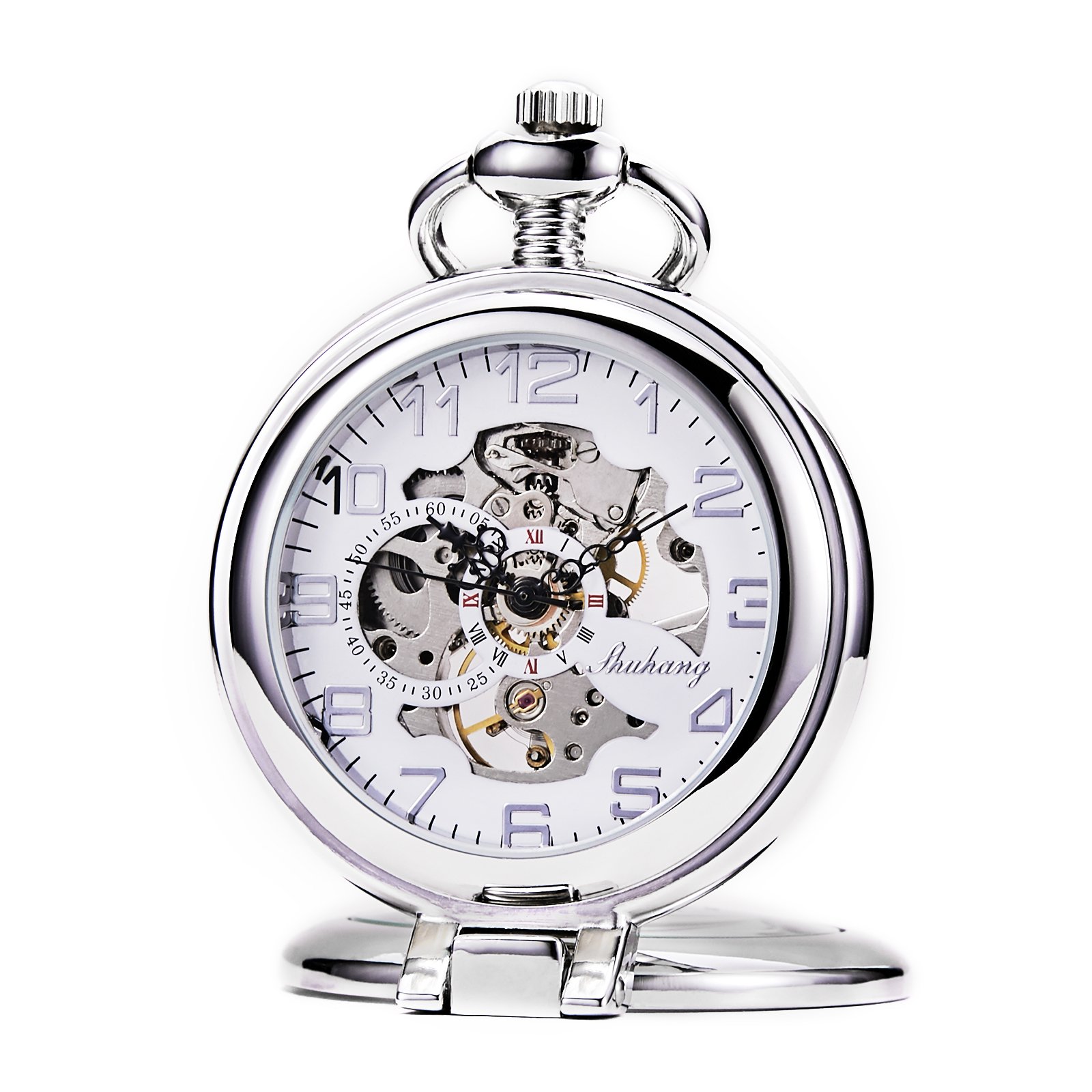 TREEWETO Montre de Poche Mécanique Steampunk pour Homme et Femme, Cadran Squelette Argenté avec Chaîne + Boîte, Argenté, Rétro