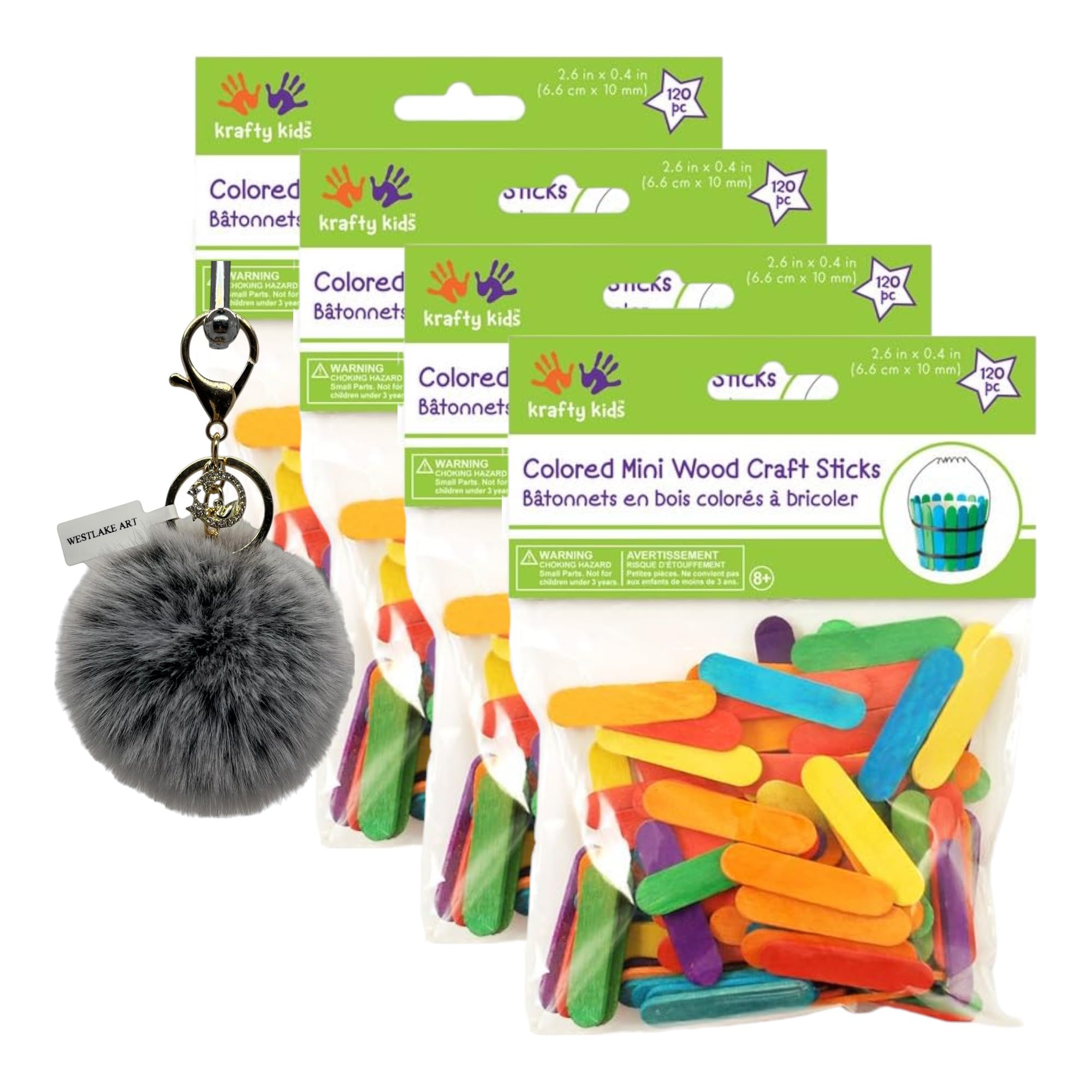 Westlake art Forever Intime Imports Kids Mini Craft Sticks, 0.13 Pounds Bundle with Pompom Balls Fluffy Keychain - 120 Colored Sticks for Arts & Crafts, Resealable Bag ~ [Pack of 4]