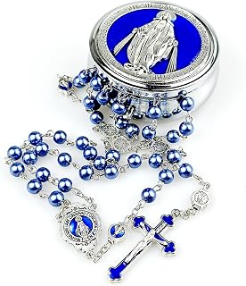 Catholic Blue Acrylic Rosary, 8mm Beads Necklace with Medal & Cross for Men and Womens Gifts