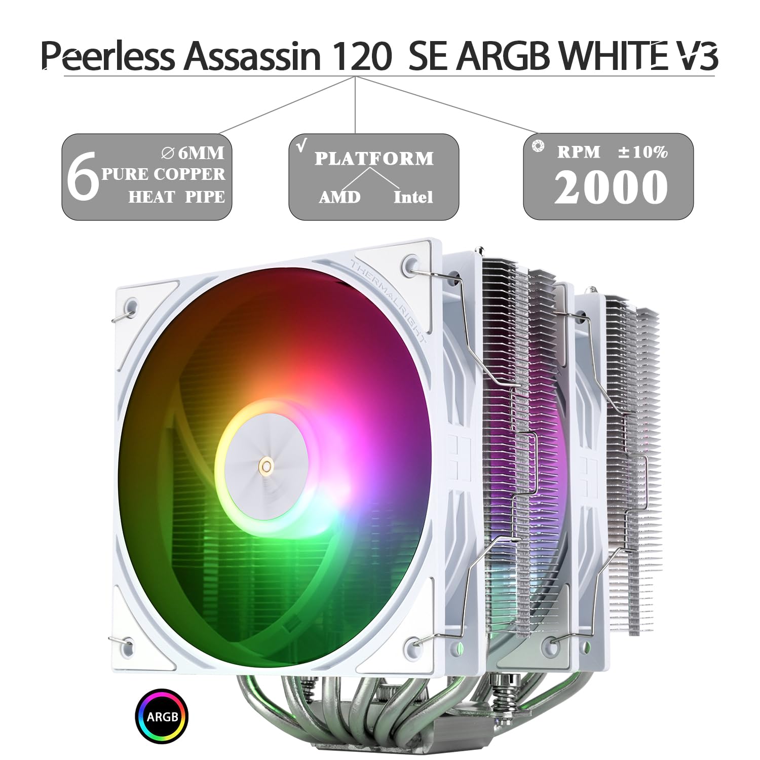 TR-Thermalright Peerless Assassin 120 SE ARGB White V3 CPU Cooler, dissipatore d'aria per CPU Twin-tower ad alte prestazioni, altezza 155 mm, raffreddamento tubi di calore 6 x 6 mm, per Intel LGA 1700