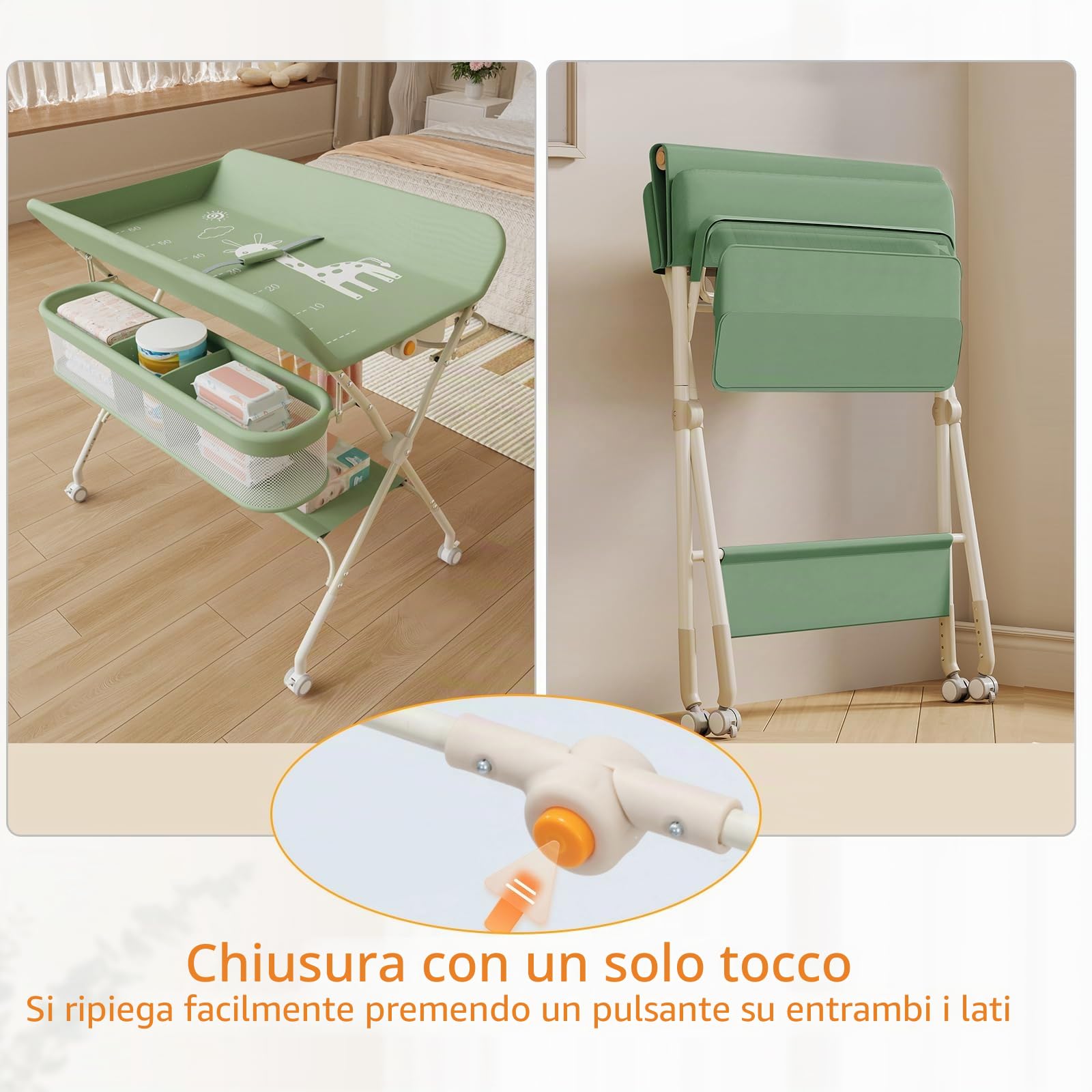 Fasciatoio con ruote, pieghevole, fasciatoio portatile, 5 ripiani regolabili, cestino portaoggetti da appendere per neonati, per cameretta dei bambini, 75 x 68 x 83-91 cm (A) verde