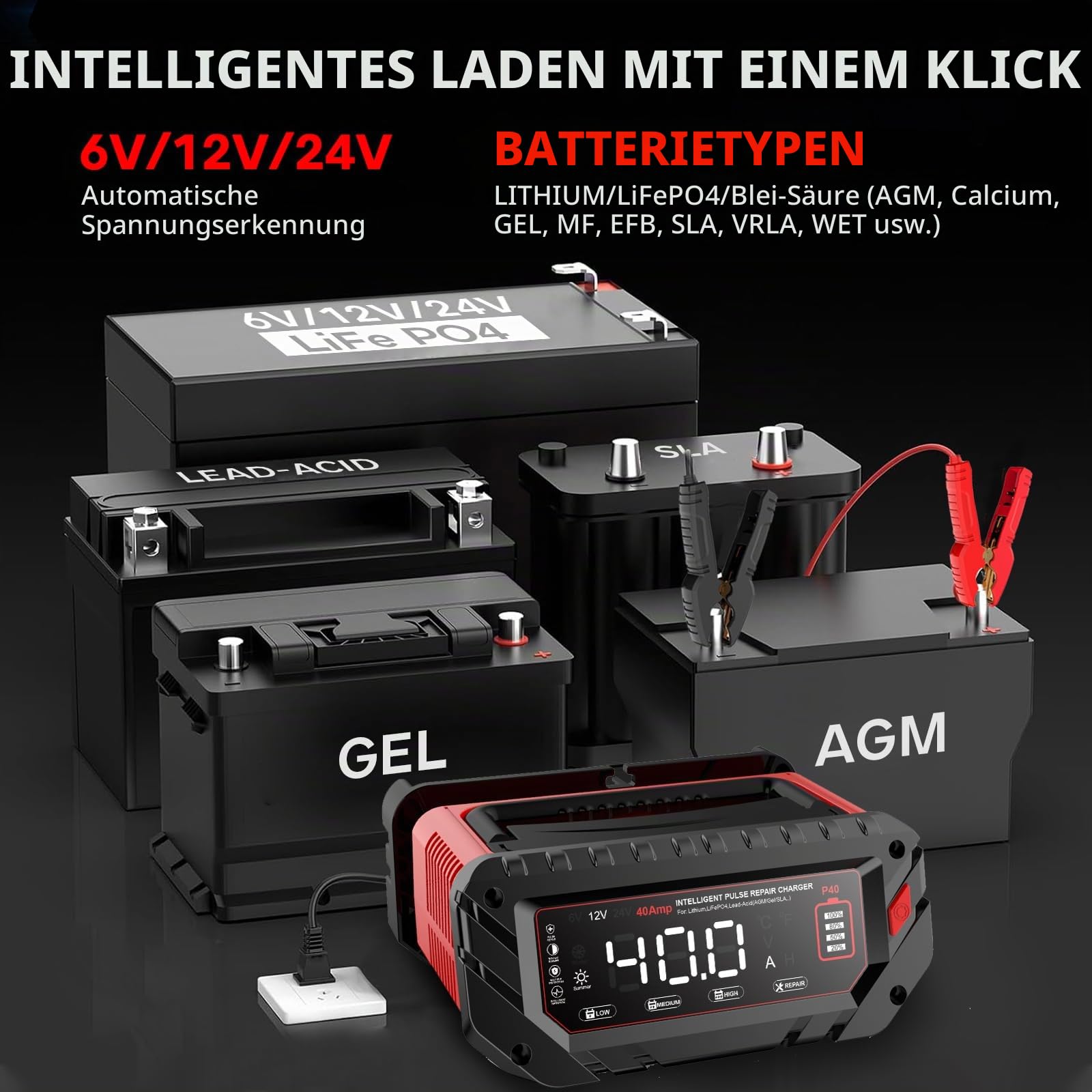 Haisito Autobatterie Ladegerät 40A, LCD-Display, 6V/12V/24V Batterieladegerät ist geeignet für Autos, landwirtschaftliche Fahrzeuge, Boote, Lithium LiFePO4 und Blei-Säure (AGM, MF, EFB usw.)