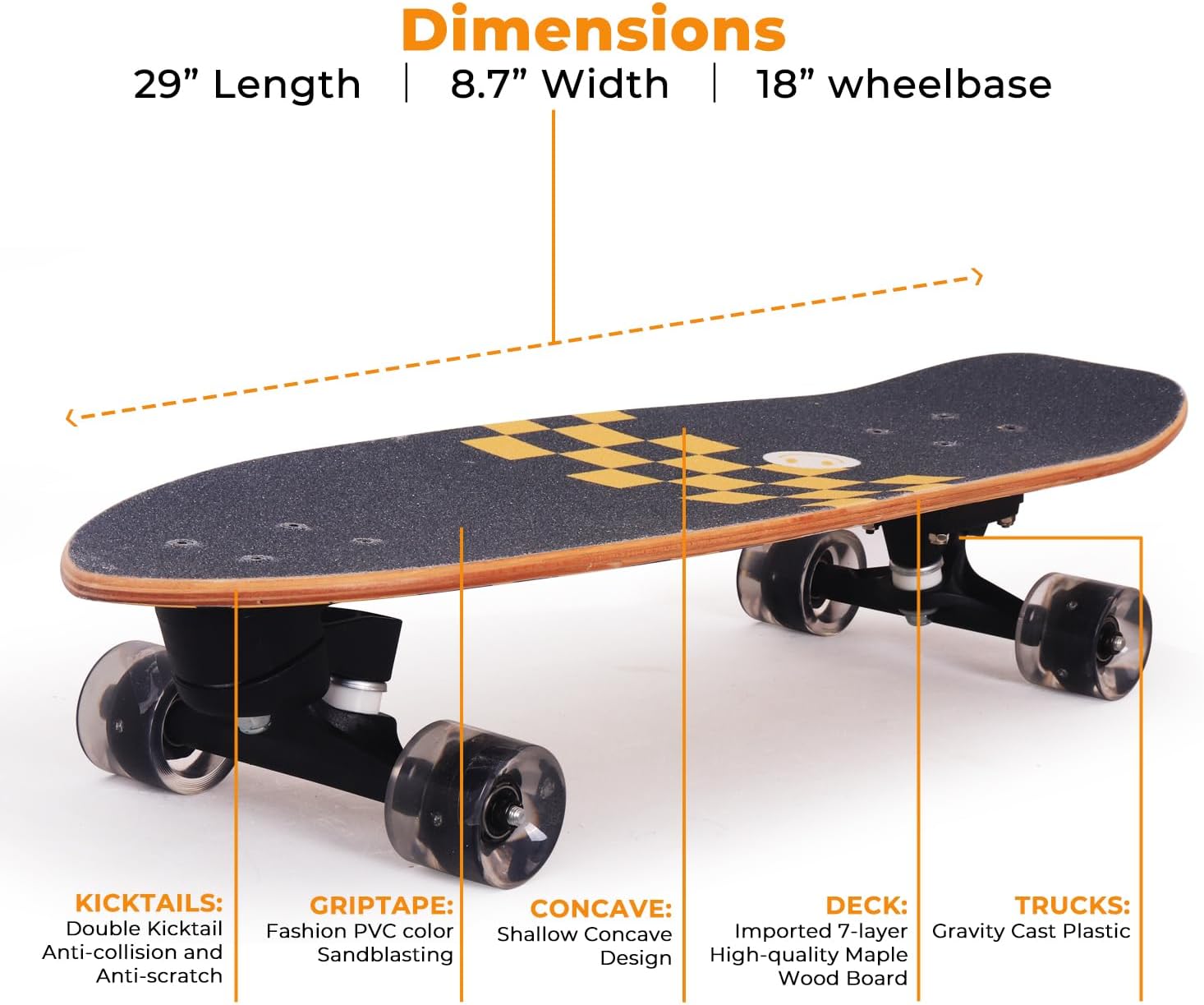 nattork complete kid skateboards 29" x 9" youth cruiser skateboard for beginners double kick deck concave girls or boys skateboard golden check