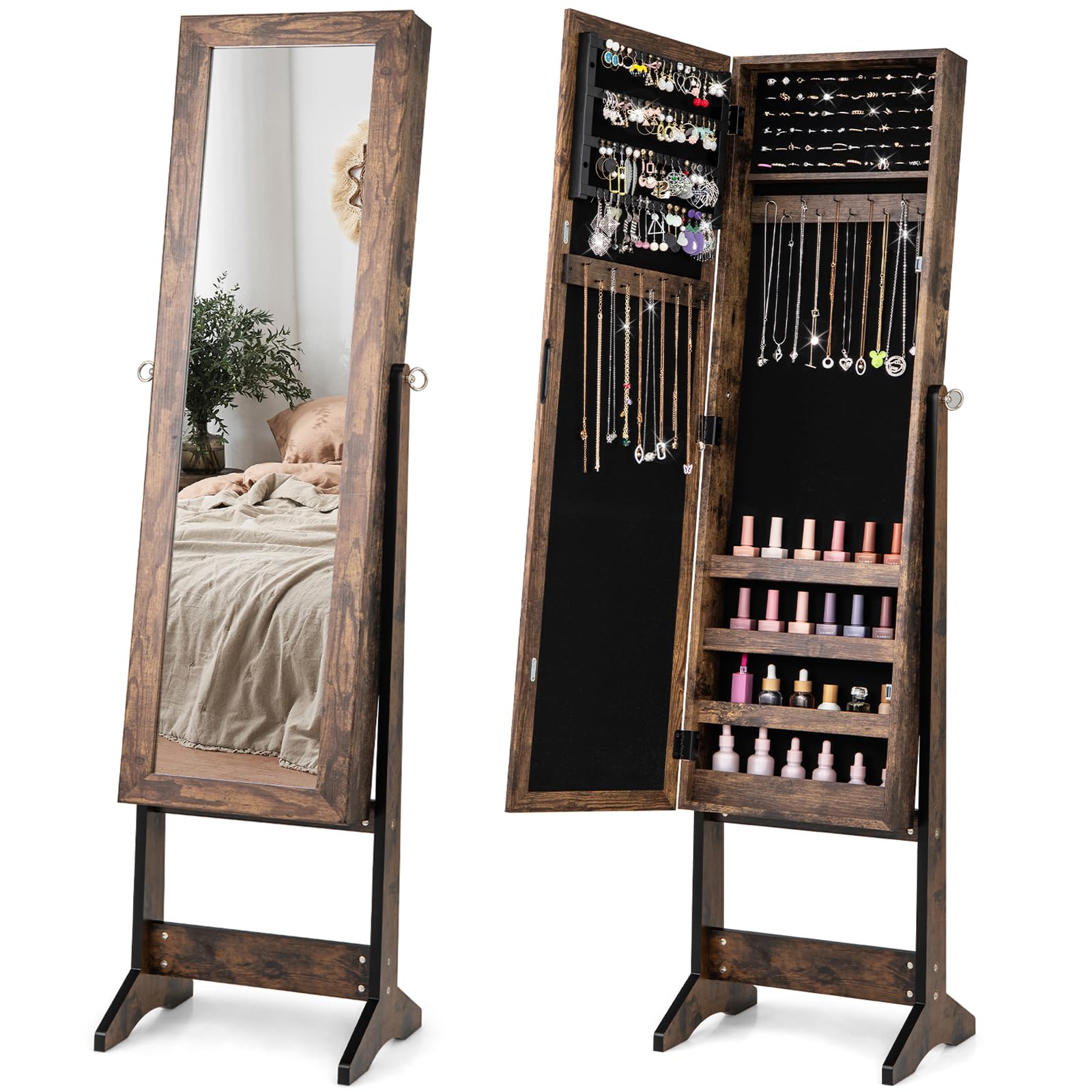Giantex Jewelry Armoire with Full Length Mirror Freestanding Jewelry Organizer Cabinet with Ring Slots Earring Holders Necklace Hooks & Storage Shelves for Bedroom Black product thumbnail 2